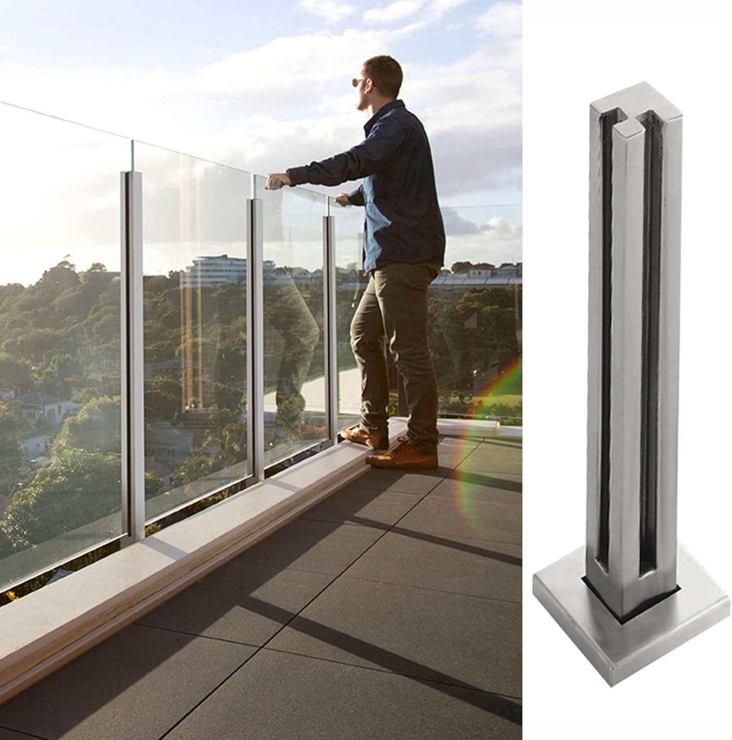 ZCX Paletto per Ringhiera Palo di protezione in vetro, palo di balaustra in vetro in acciaio inossidabile for scale del balcone appartamento, argento Acciaio Inossidabile(Corner Post,95cm/37.4 in)