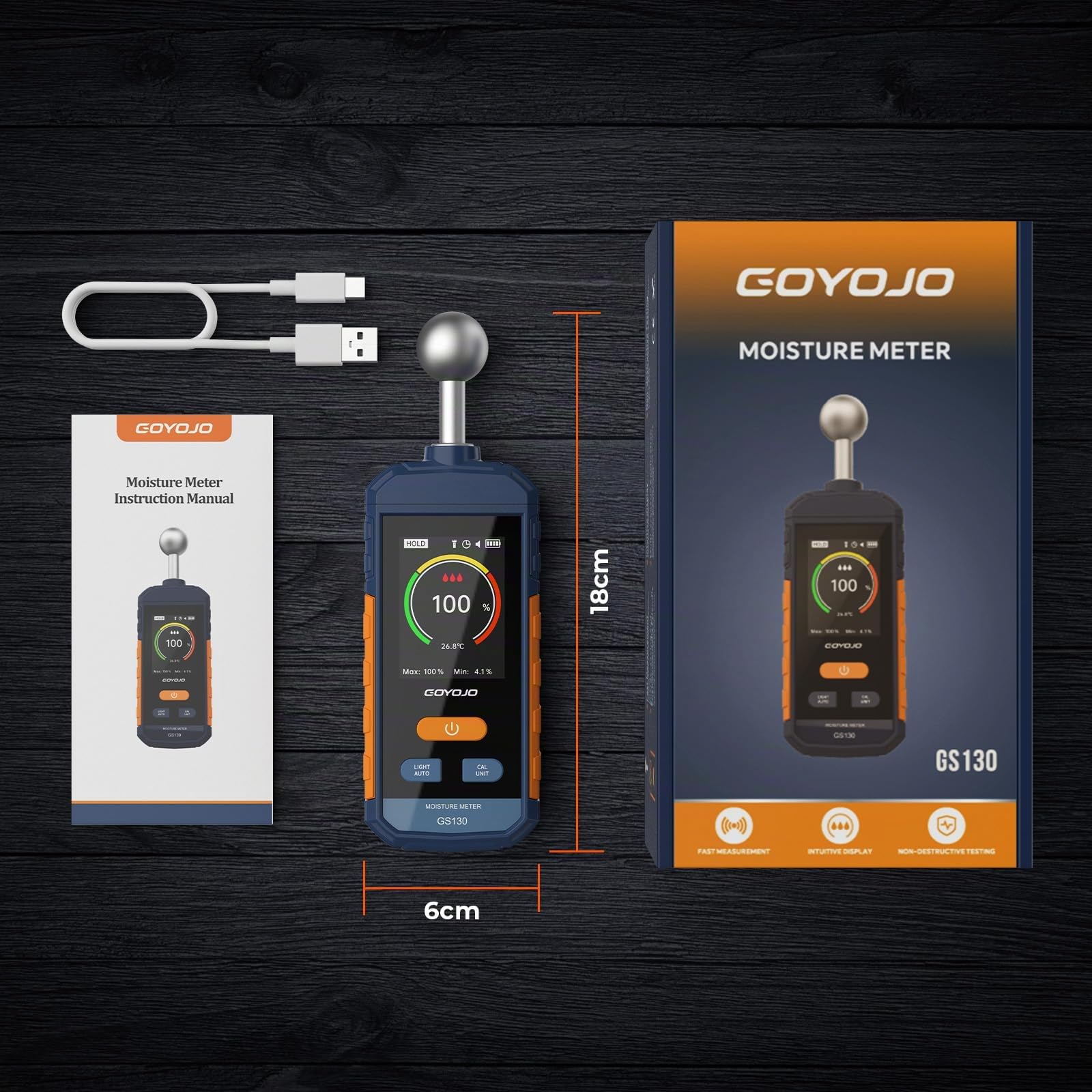 Medidor de Humedad, GOYOJO Medidor de Humedad para Madera con Pantalla LCD y Alarma Acústica, Recargable para Madera, Paredes y Materiales de Construcción, Detección de 5 a 40 mm