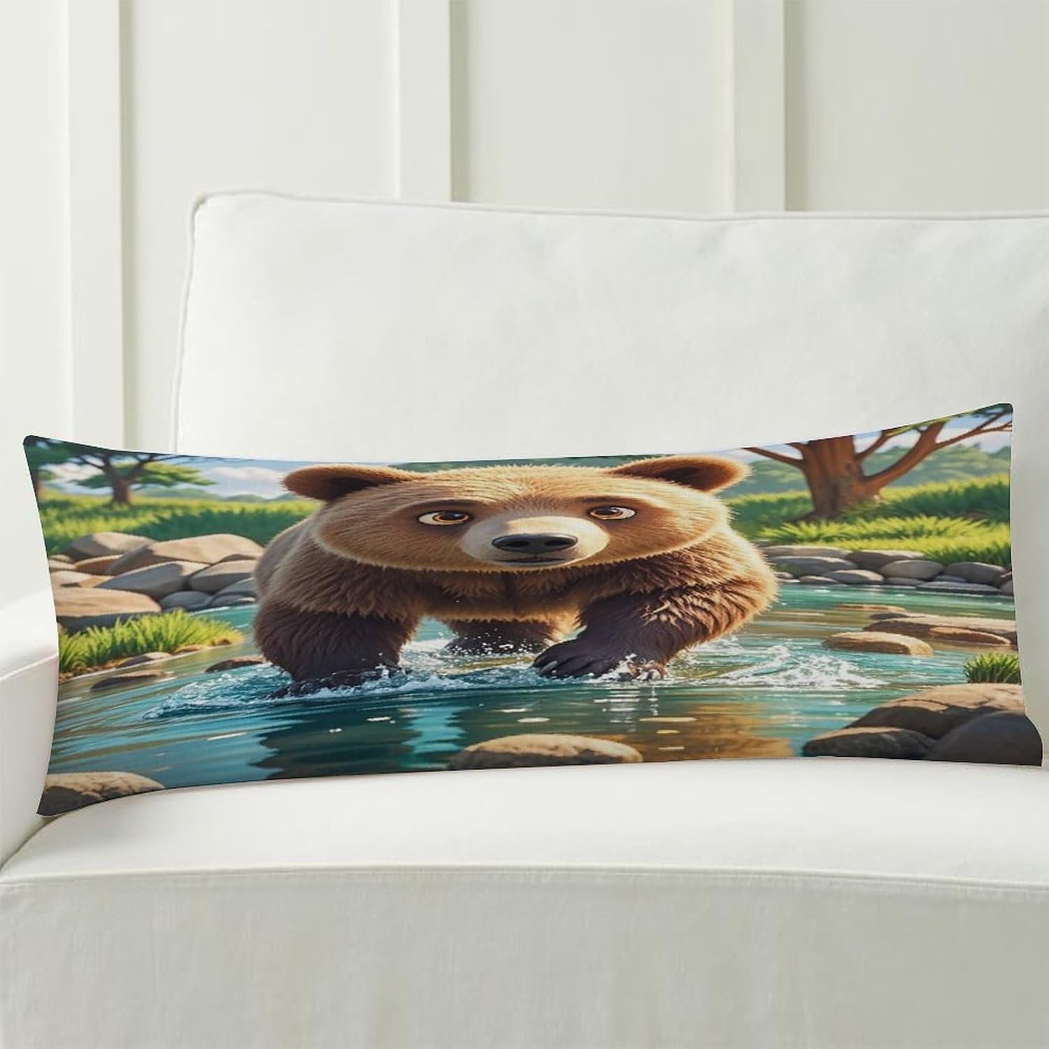 Bear Crossing The River Cartoon Body Pillow Cover Soft Cozy Long Pillows Case Breathable Skin-Friendly Pillowcase with Hidden Zipper Polyester Pillow Protector 18.9 X 53 Inch