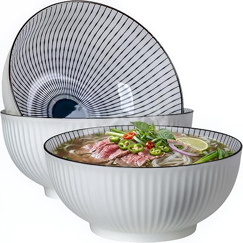 QINLANG Juego de 3 cuencos grandes de sopa Pho & Ramen, 60 onzas, cuencos grandes de porcelana azul y blanca, patrón a rayas