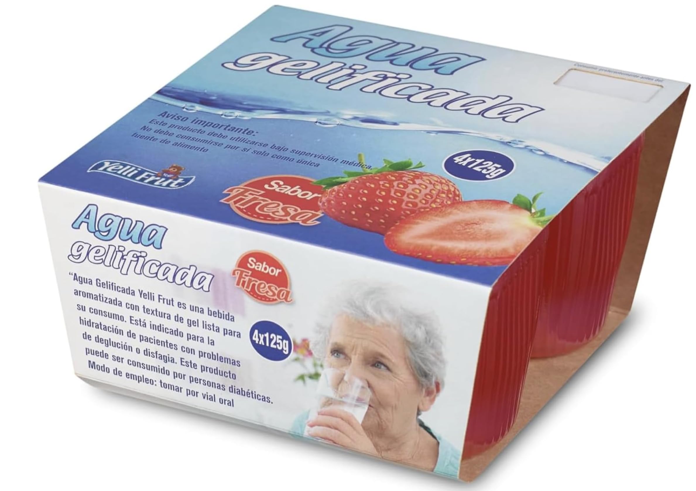 Eau gélifiée. Épaississant pour la dysphagie. Saveur fraise, en pot de 125 g. Lot de 6 x 4 = 24 pots. Saveurs eau gélifiée pour la dysphagie. Eau gélifiée pour une hydratation en toute sécurité.