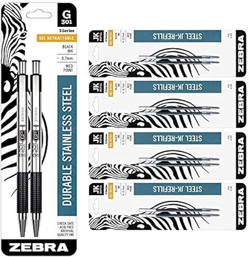 Zebra Pen G-301 Bolígrafo de gel retráctil de acero inoxidable, punta media, 0.028 in, tinta negra, paquete de 2 unidades con 8 recambios de