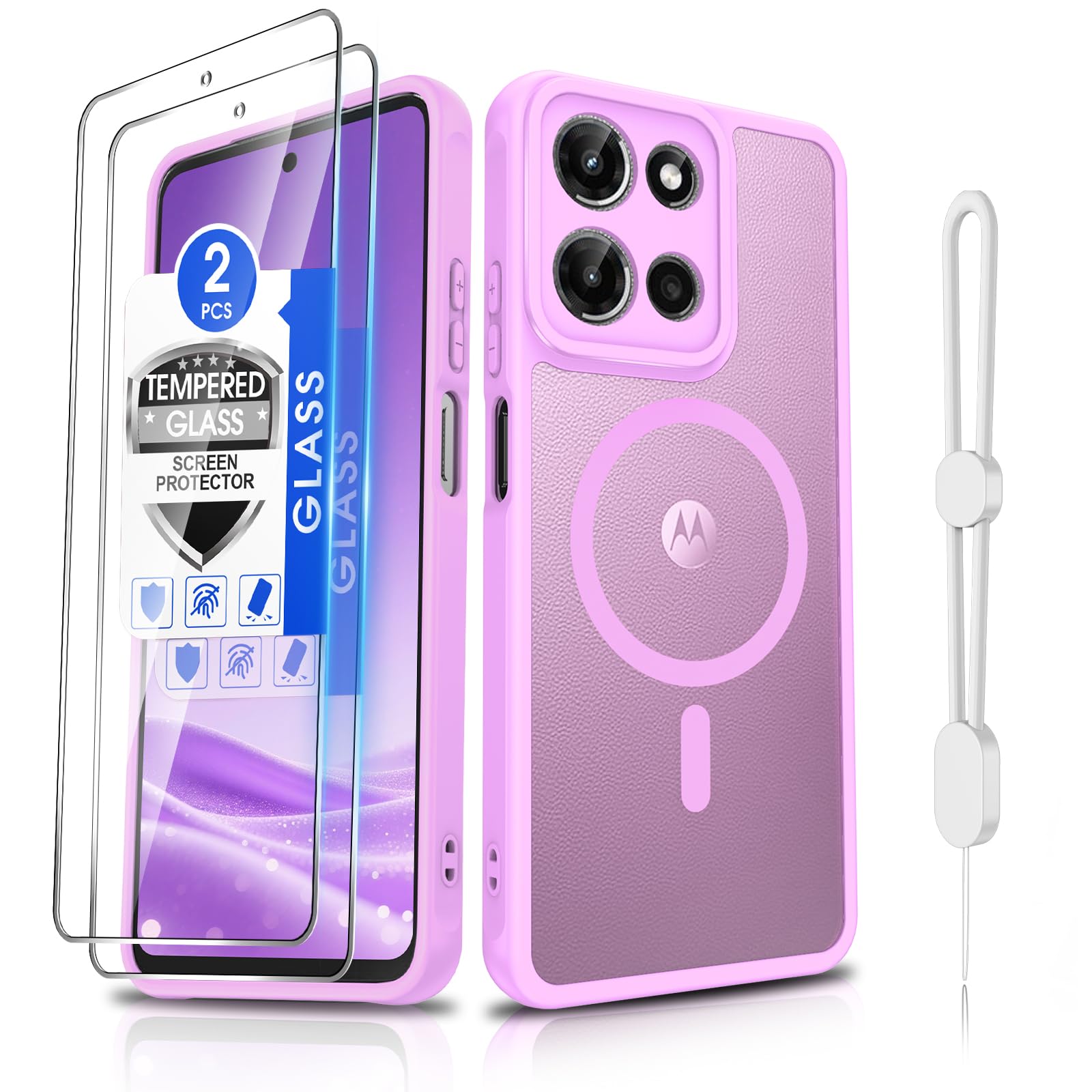 Dizn Magnetic for Moto G 2025/2026 Case, Motorola G Play 2025/2026 Matte Funda, with Tempered Glass Screen Protector, Compatible with MagSafe, with Strap,Shockproof Protective Moto G Play 25/26, Pink