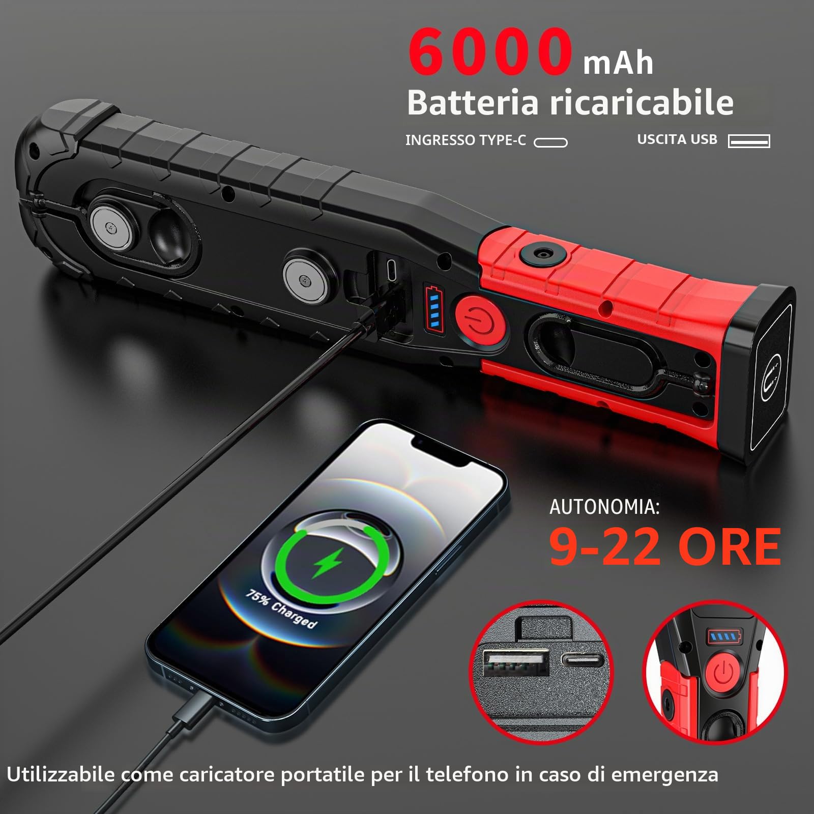 Lampada da lavoro LED, batteria da 6000 mAh, torcia elettrica con funzione orientabile, base magnetica e gancio, 5 modalità, lampada di ispezione COB per riparazione auto, officina
