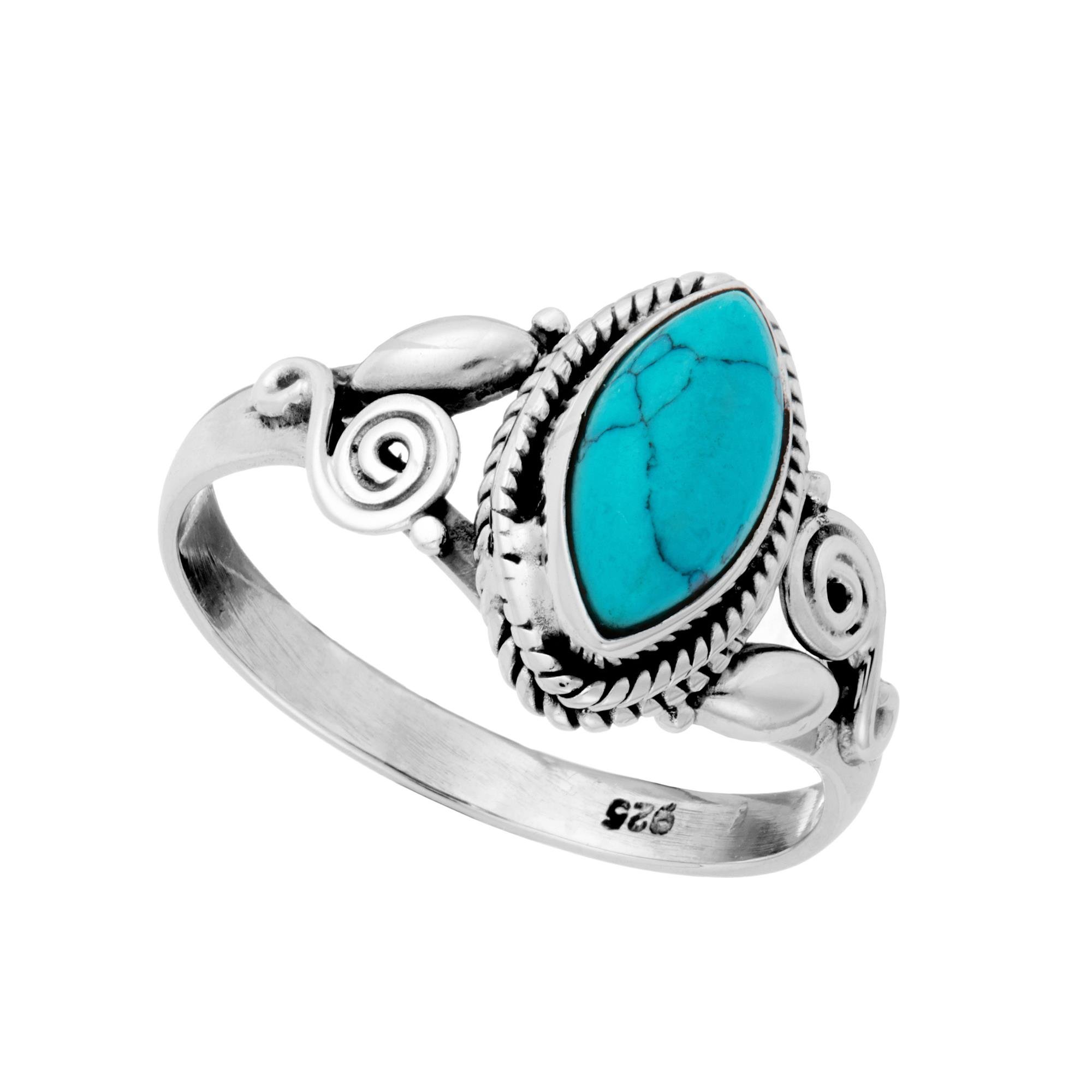 81stgeneration Anillo de Filigrana con Turquesa Marquesa Plata de Ley Vintage | Solitario Indio Piedra Azul Verdosa Plata 925 | Joya Ornamental | Regalo Piedra de Nacimiento Gótico