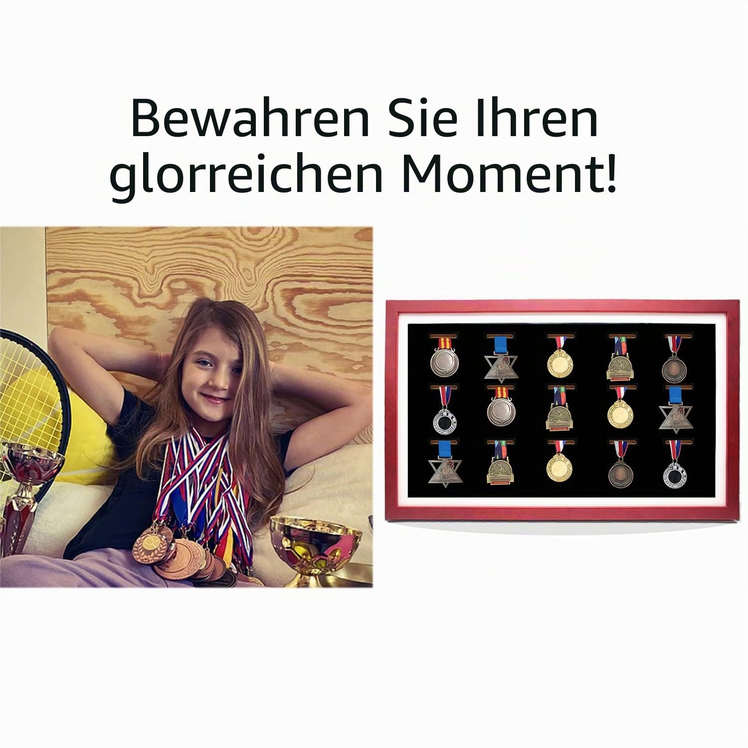 Medaillen-Vitrine, Rahmen für 15 Medaillen, perfekter Medaillen-Display für Läufer, Marathon, RECE-Sieger, Fußball, Gymnastik und alle Sportarten (rotes Holz)