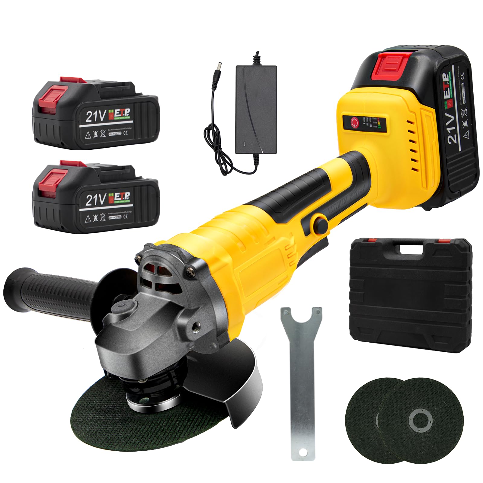 Cordless Angle Grinder, Brushless Grinder with 2 Batteries, 125mm M14 Professional Electric Power Tools 23000RPM with 2-Position Auxiliary Handle for Cutting & Grinding