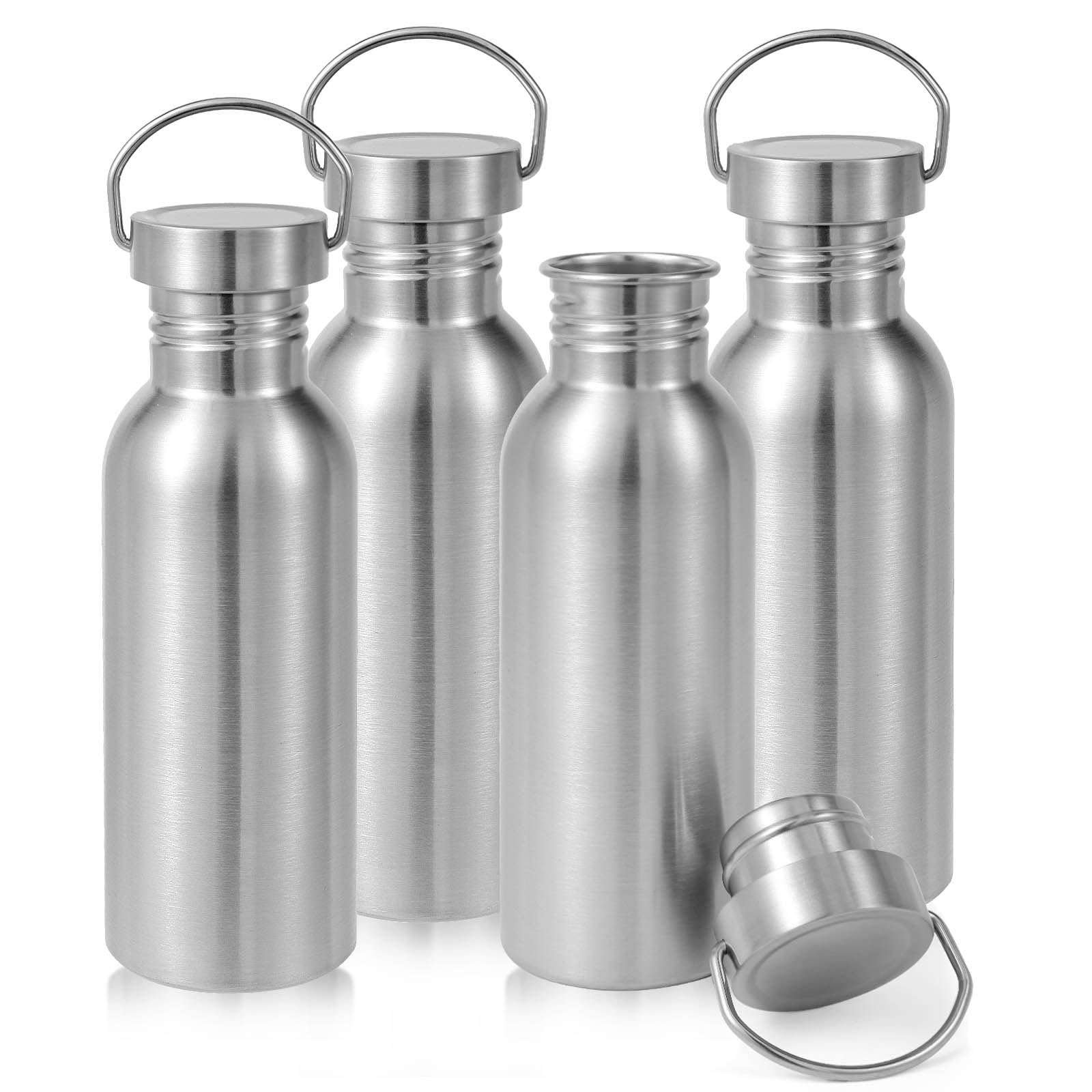 22oz Uninsulated Single Walled Water Bottle 4 Pack, Stainless Steel Reusable Water Bottles with Handle, BPA Free & Plastic Free 18/8 304 Metal Water Bottles for Camping, Hikers, Cyclists