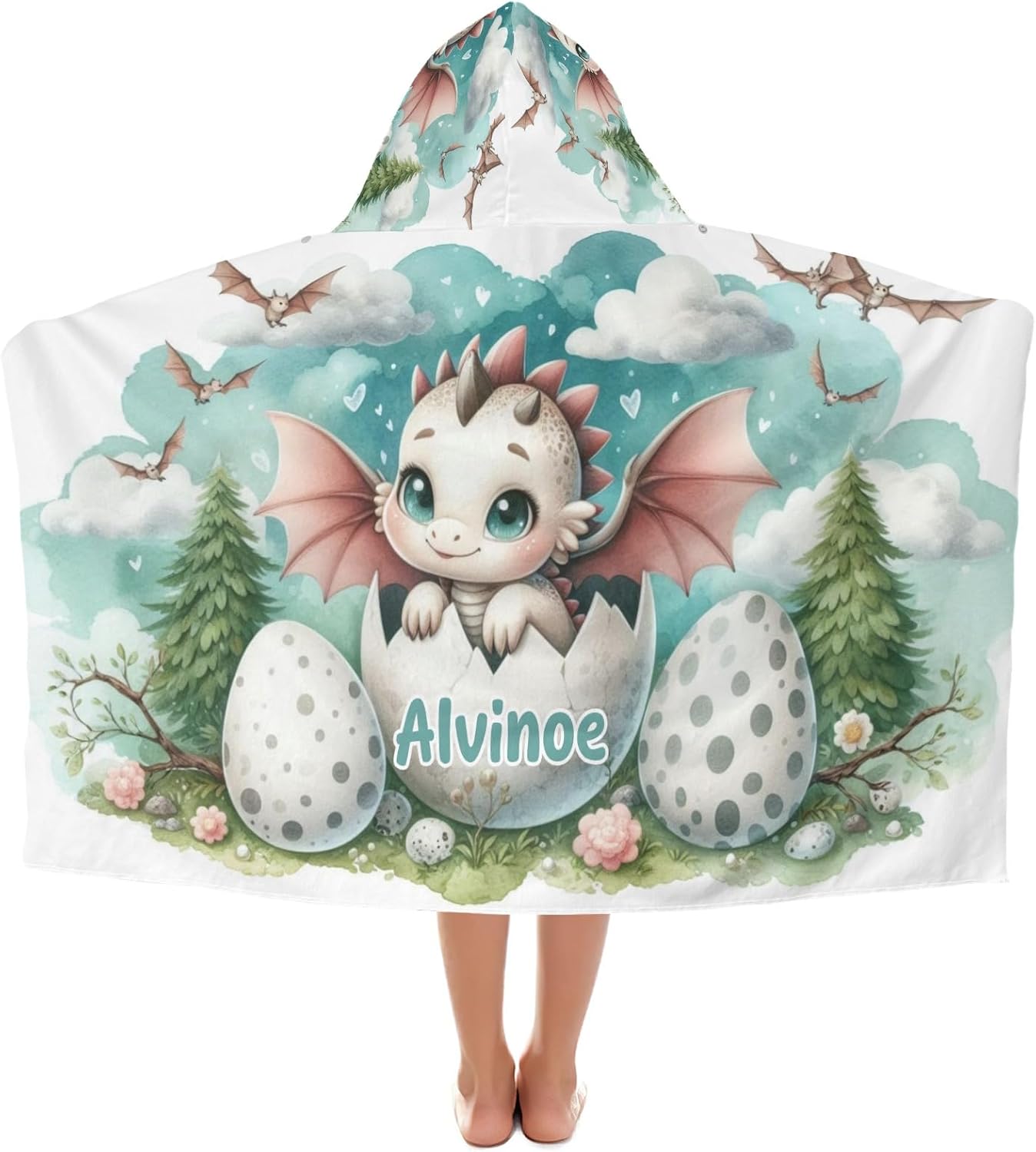 Watercolor Cute Dragon Personalized Hooded Towel Absorbent Wrap Soft Pool Beach Bath Towels Hood Poncho for 5-12 Years Kids Boys Girls