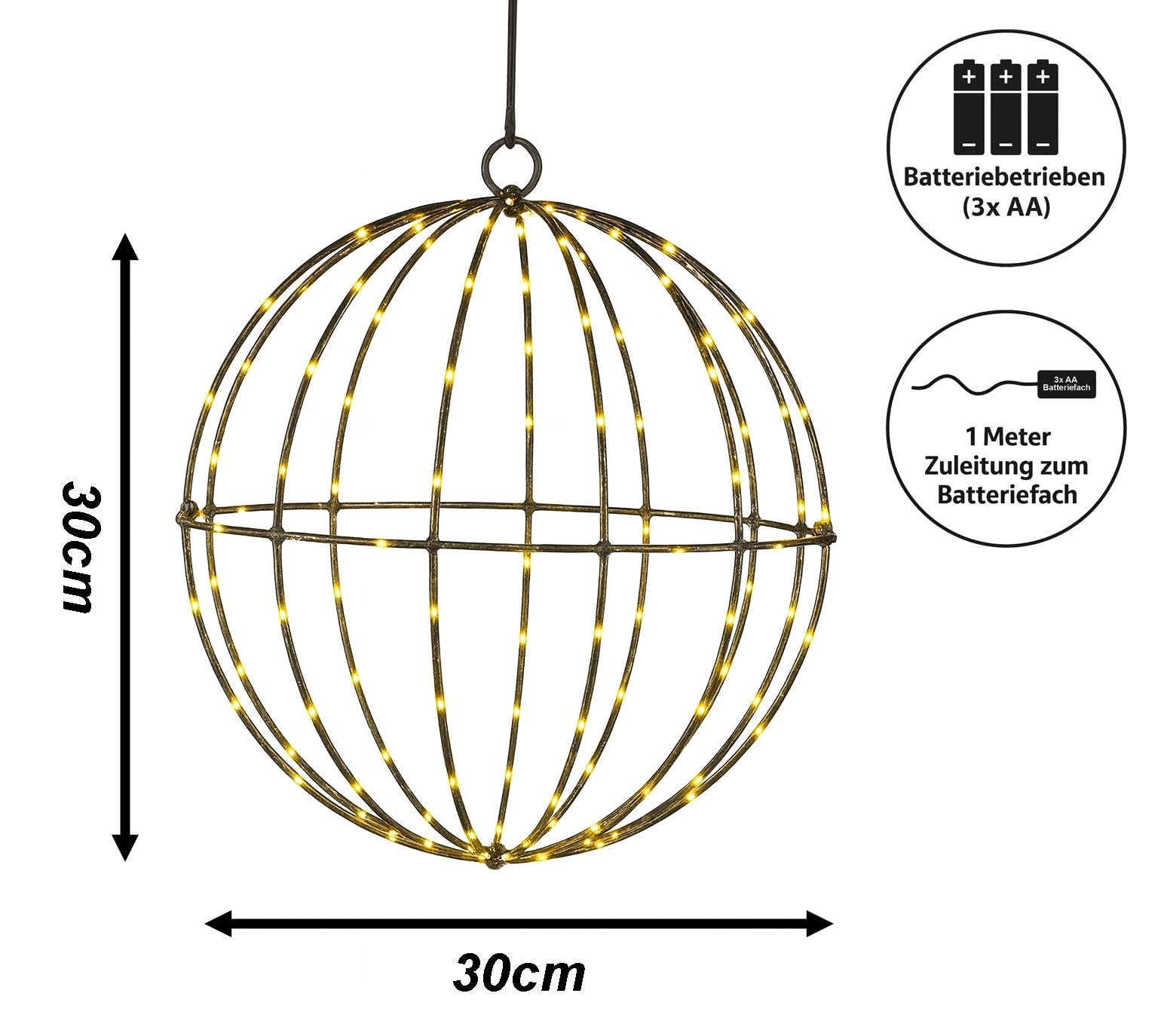 LED Lichterkugel Ø20 cm 100 warmweiße LEDs Timer Batteriebetrieben IP44 Weihnachtsdeko