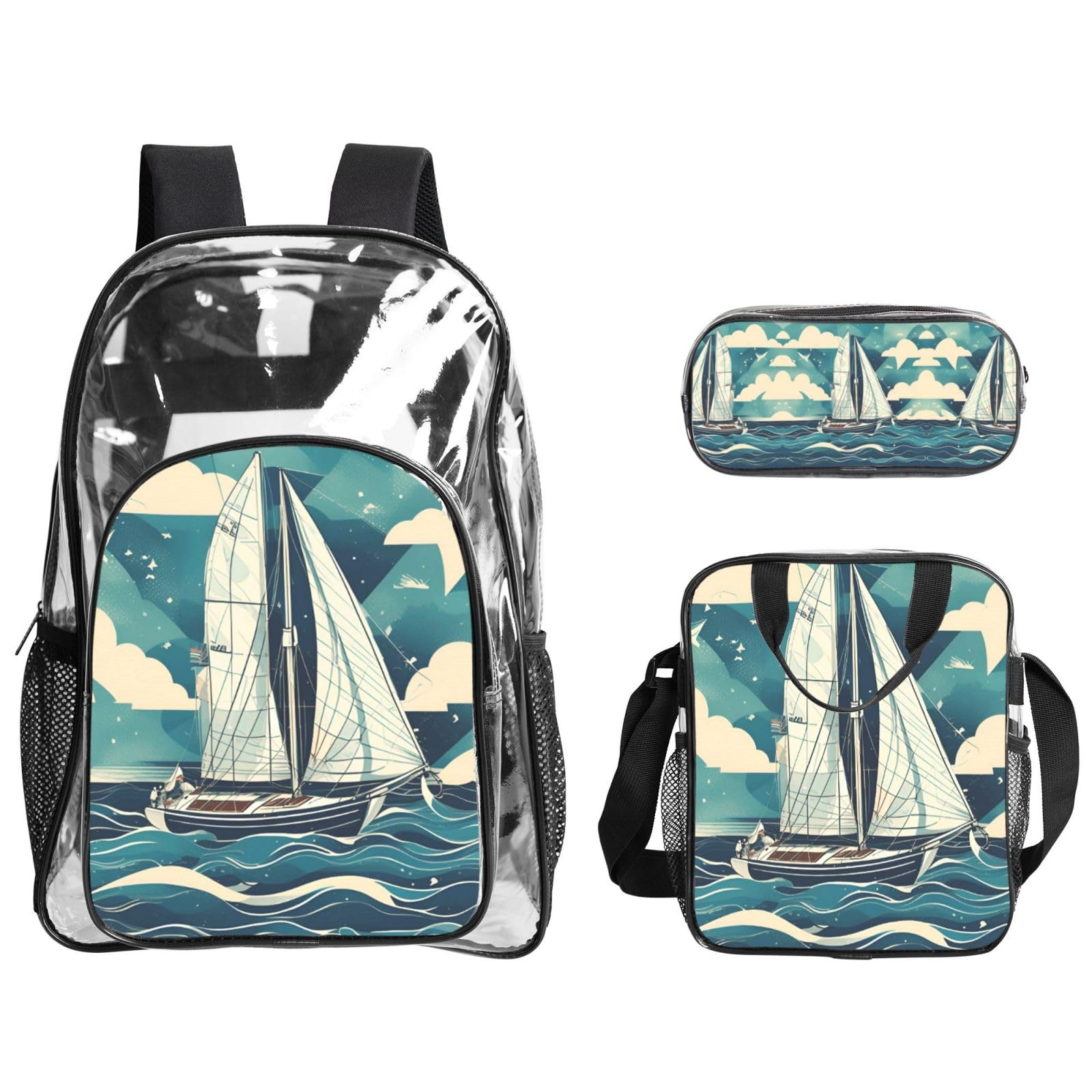 Ocean Sailboat Zaino Stampato Set 3 in 1 Trasparente Borsa Set Per Scuola Lavoro Stadio Eventi E Trasporto quotidiano