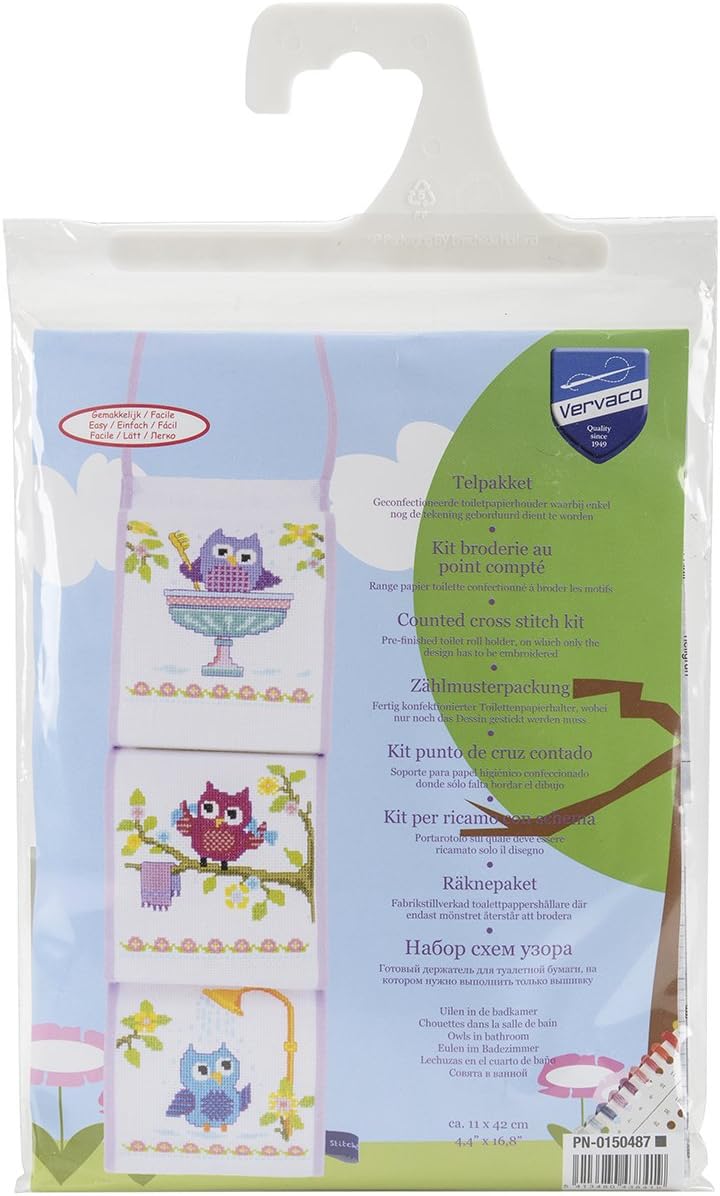 Vervaco Owls in Bathroom Tissue Roll Holder on Aida Counted Cross St, 4.25" by 16.5"