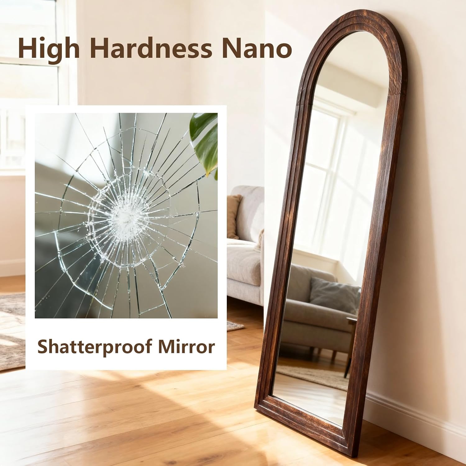 Yumyolk Full Length Mirror 68"x24" Bedroom Long Arched Stand Up Wall Mounted Mirror with Stand Brown