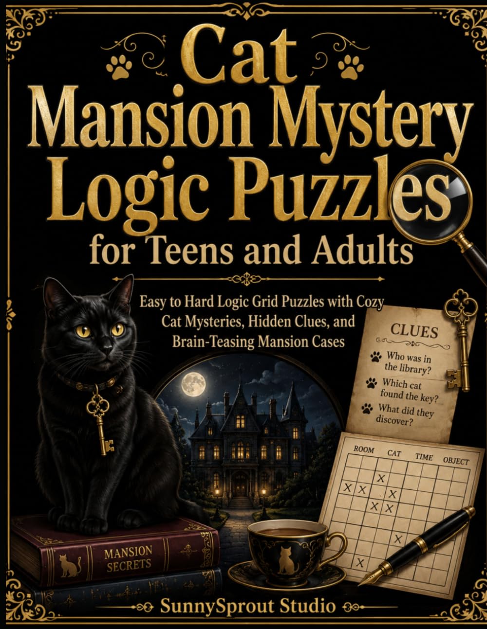 Cat Mansion Mystery Logic Puzzles for Teens and Adults: Easy to Hard Logic Grid Puzzles with Cozy Cat Mysteries, Hidden Clues, and Brain-Teasing Mansion Cases (Cats & Dogs Logic Puzzles)