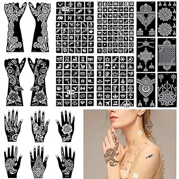 20 Sheets Henna Stencils Glitter Tattoo Kit 191Pcs Arabian Temporary Tattoo Stencils Tattoo Stickers for Face Body Paint