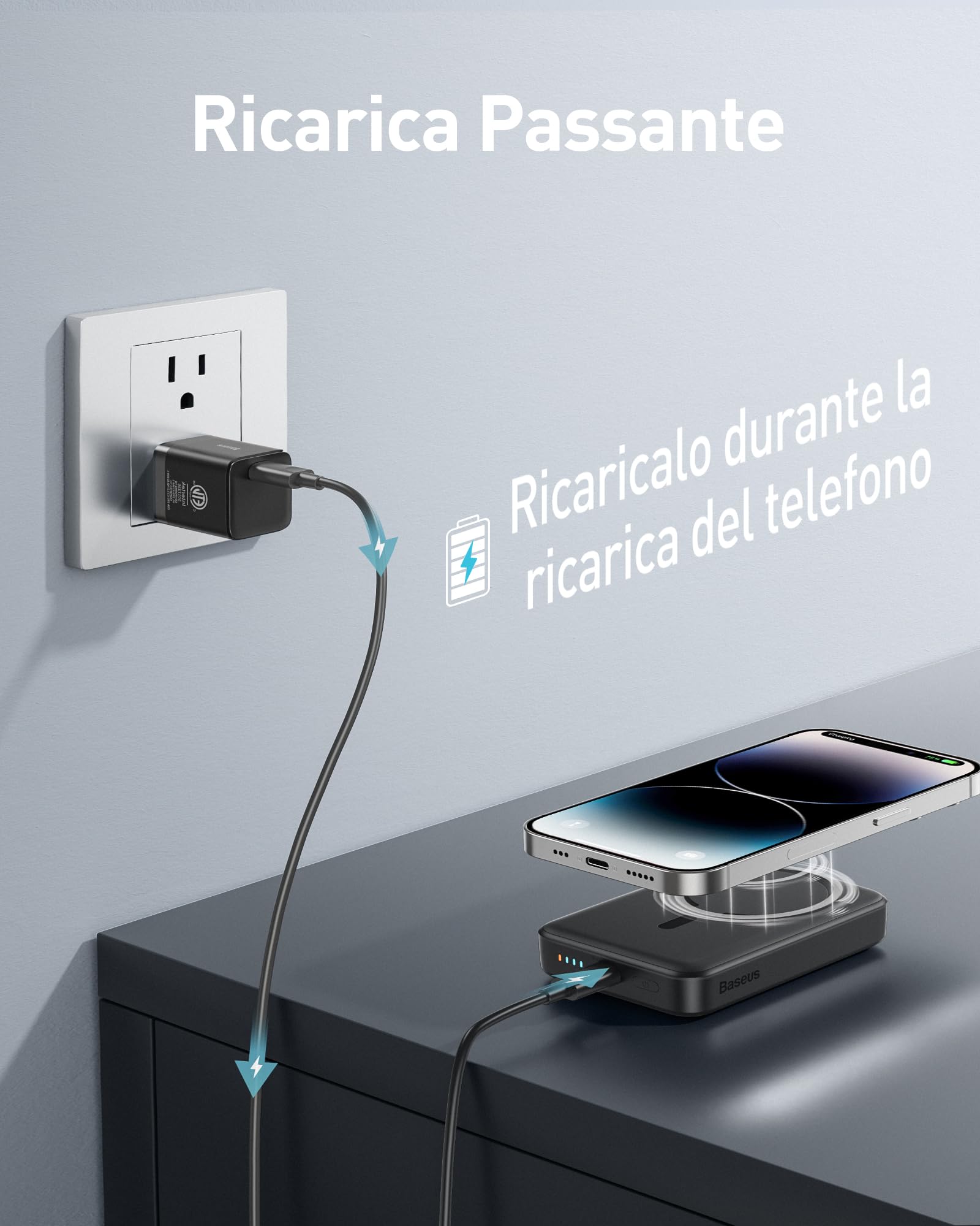 Baseus Magsafe Power Bank 10000mAh, Power Bank Portatili Magnetico per iPhone 15/14/13/12 Serie, PD 20W Power Bank Wireless, USB-C Mini Power bank, Nero