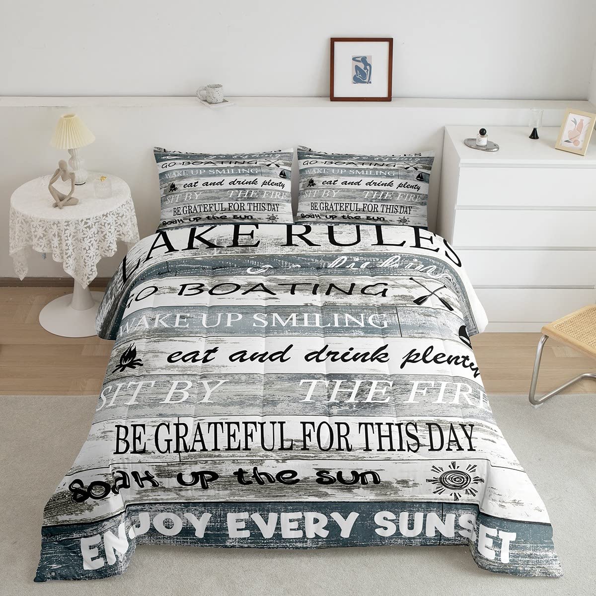 Lake Rules Decor Comforter Set Twin, Country Lake House Bedding Set For Kids Boys Girls Teens, Rustic Farmhouse Wooden Stripes Duvet Insert Lake Paddle Boat Down Comforter 2 Pcs With 1 Pillow Case