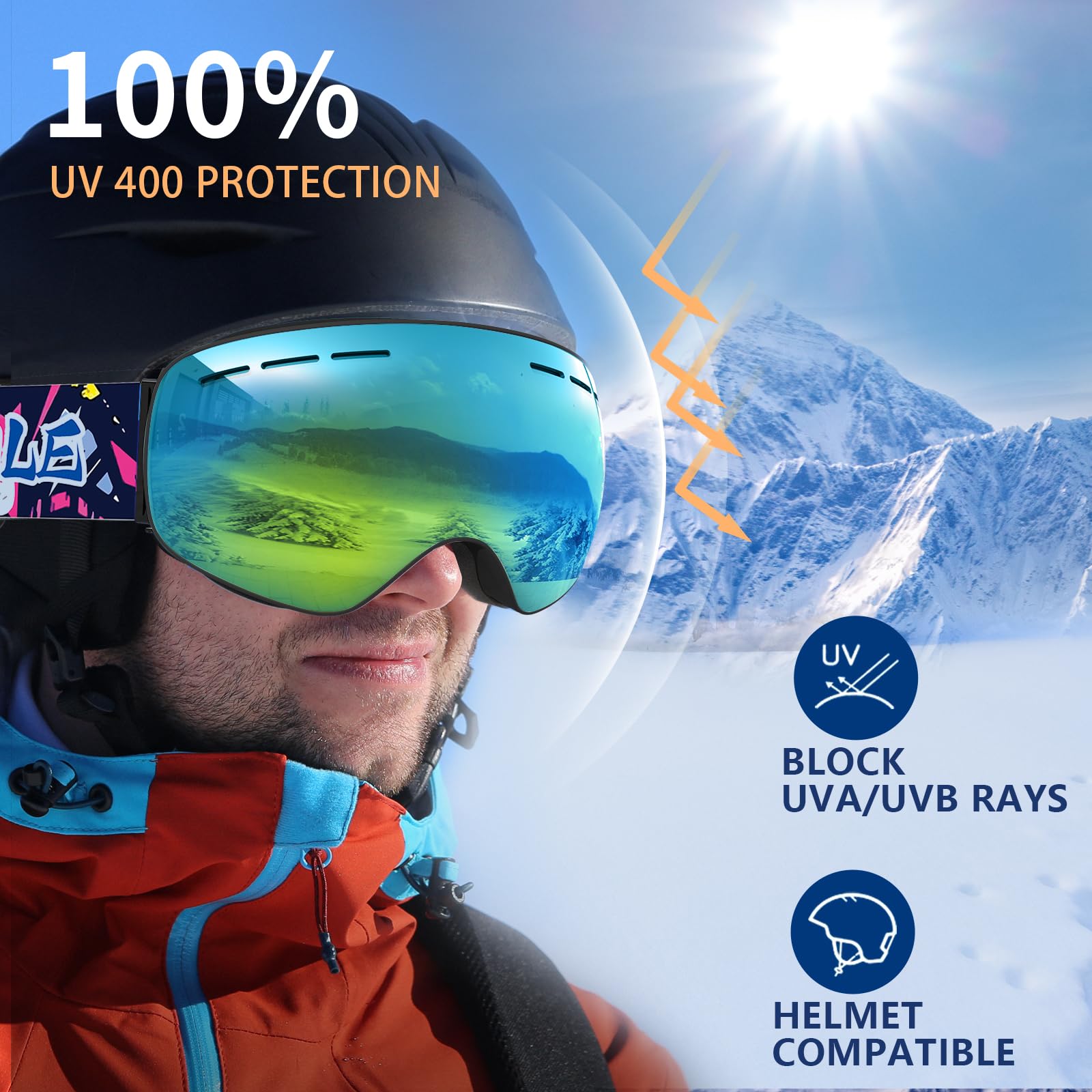 Whale Lunettes de ski OTG anti-buée sans monture pour homme, femme et jeune – Protection UV à 100 %