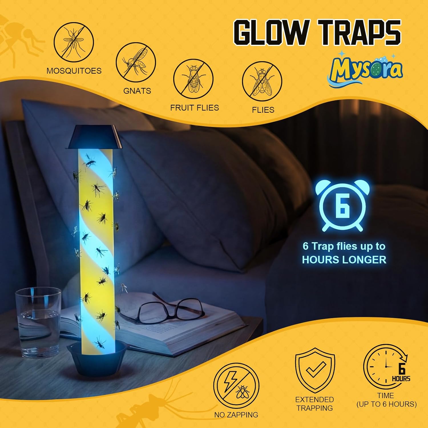 12 Pack Glow in the Dark Fly Sticks Outdoor & Indoor Sticky Fly Traps with Blue Fluorescent Night Attraction Light-Absorbing UV for Mosquitoes Flies Waterproof Hanging Catcher (Black)