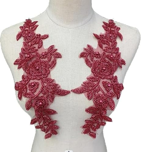 Heyiwell 1 par de apliques de encaje bordado de encaje con cuentas 3D rojo vino hecho a mano, bordado floral con cuentas para costura, vestido de