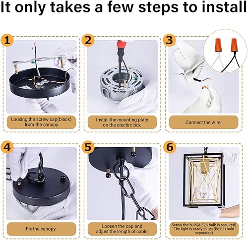 Miniatura 9 de Iluminación colgante, lámpara de cocina de jaula industrial, lámpara de casa de campo, luces colgantes de metal negro dorado E26, lámpara de techo