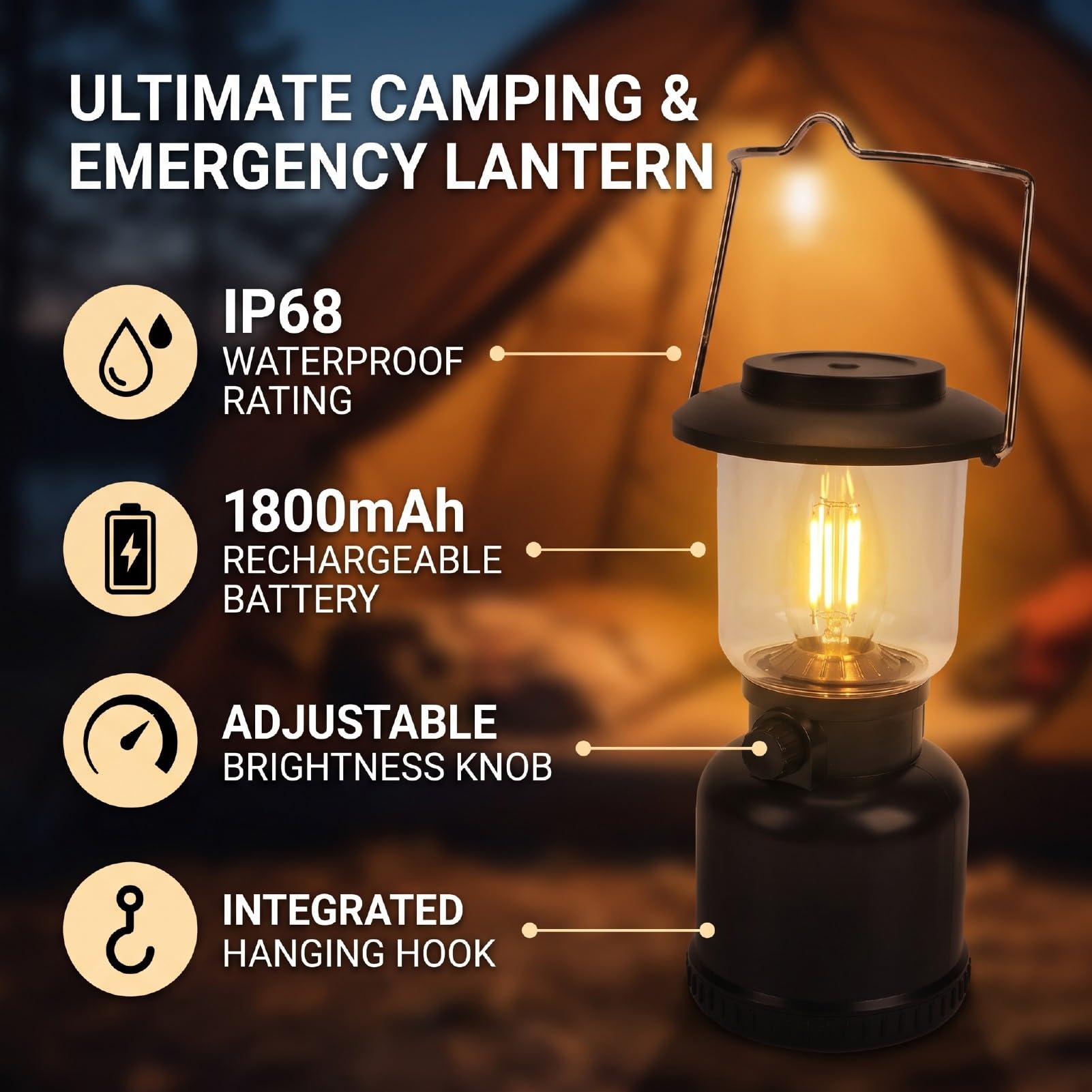 Lanterna da Campeggio a LED, Portatile Vintage con Gancio, 400