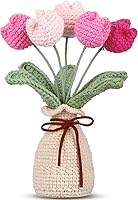 Marsui Handmade Crochet Pink Tulip Bouquet with Vase - 7" Knitted Artificial Flowers, Forever Blooming Home Desk Decor & Gift