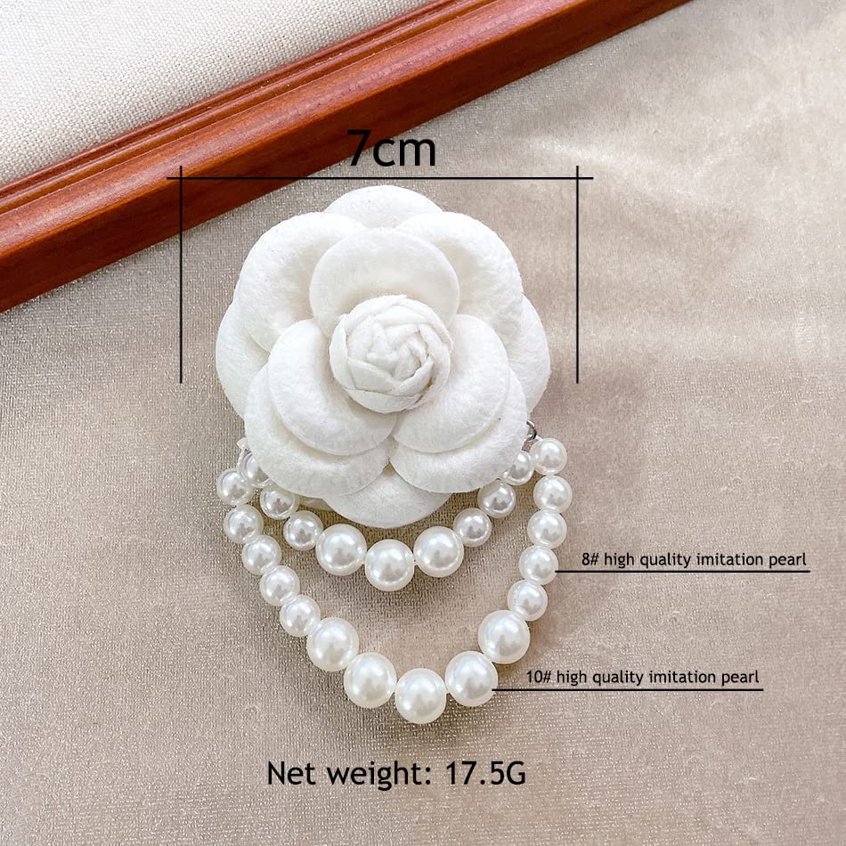 Image of Elegant Camellia Flower Faux Pearl Brooch Pin,Bohemian Fabric Flower Brooch Pins Pearl Tassel for Women Teen Girls, Corsage Wedding Brooches Clothes Dress Coat Accessories Jewelry Gift