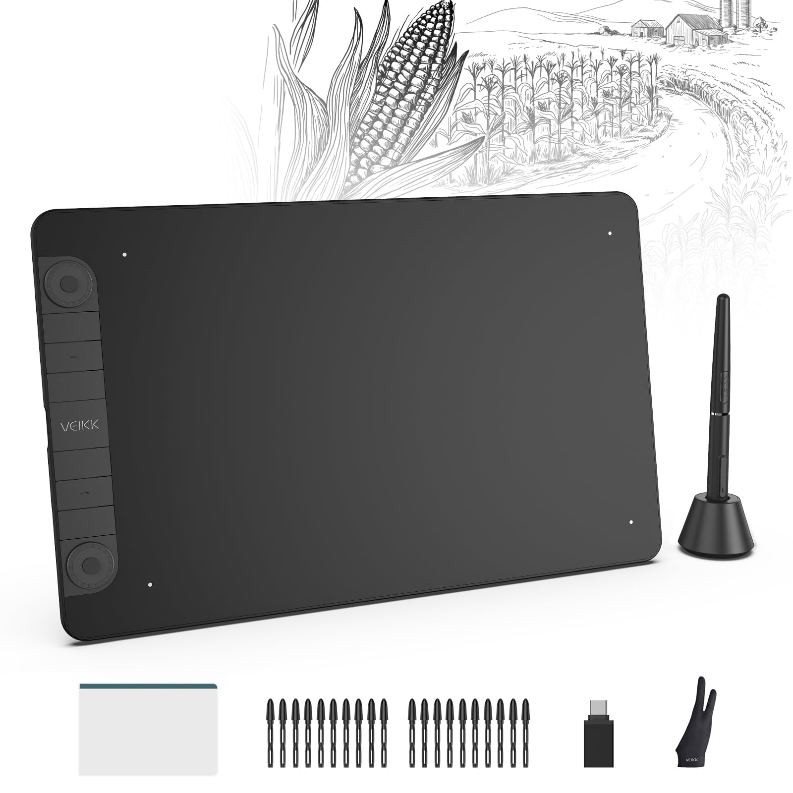 VEIKK VK1060PRO Tavoletta da disegno 16384 livelli di pressione - Tavoletta grafica da 25,4 x 15,2 cm con doppie rotelline di scorrimento, penna senza batteria, supporto inclinabile, compatibile con