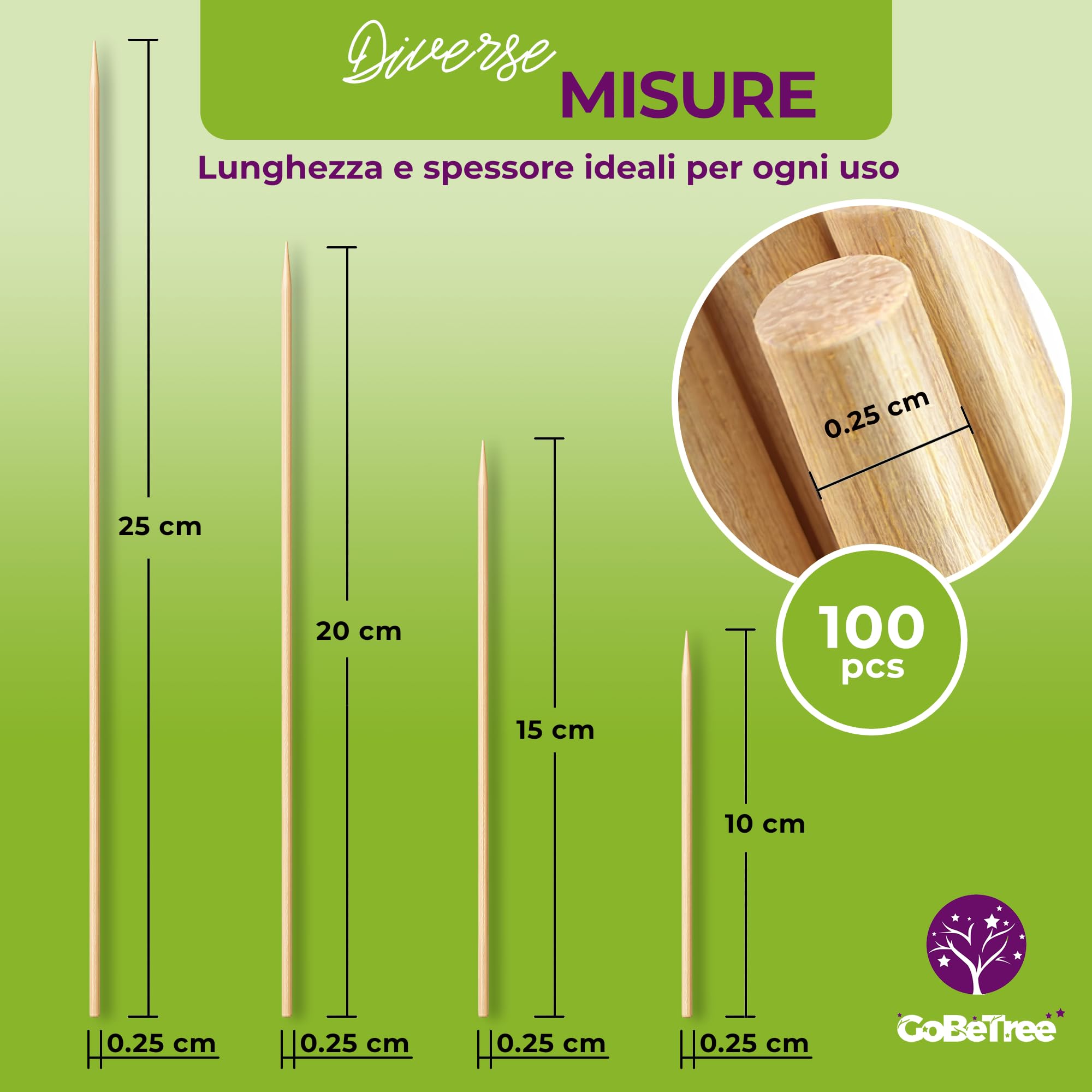 100 Spiedini in Legno di Betulla 15 cm x 2,5 mm | Bastoncini Extra Resistenti per Barbecue, Carne e Frutta | Stecchini Ecologici Multiuso per Fai da Te