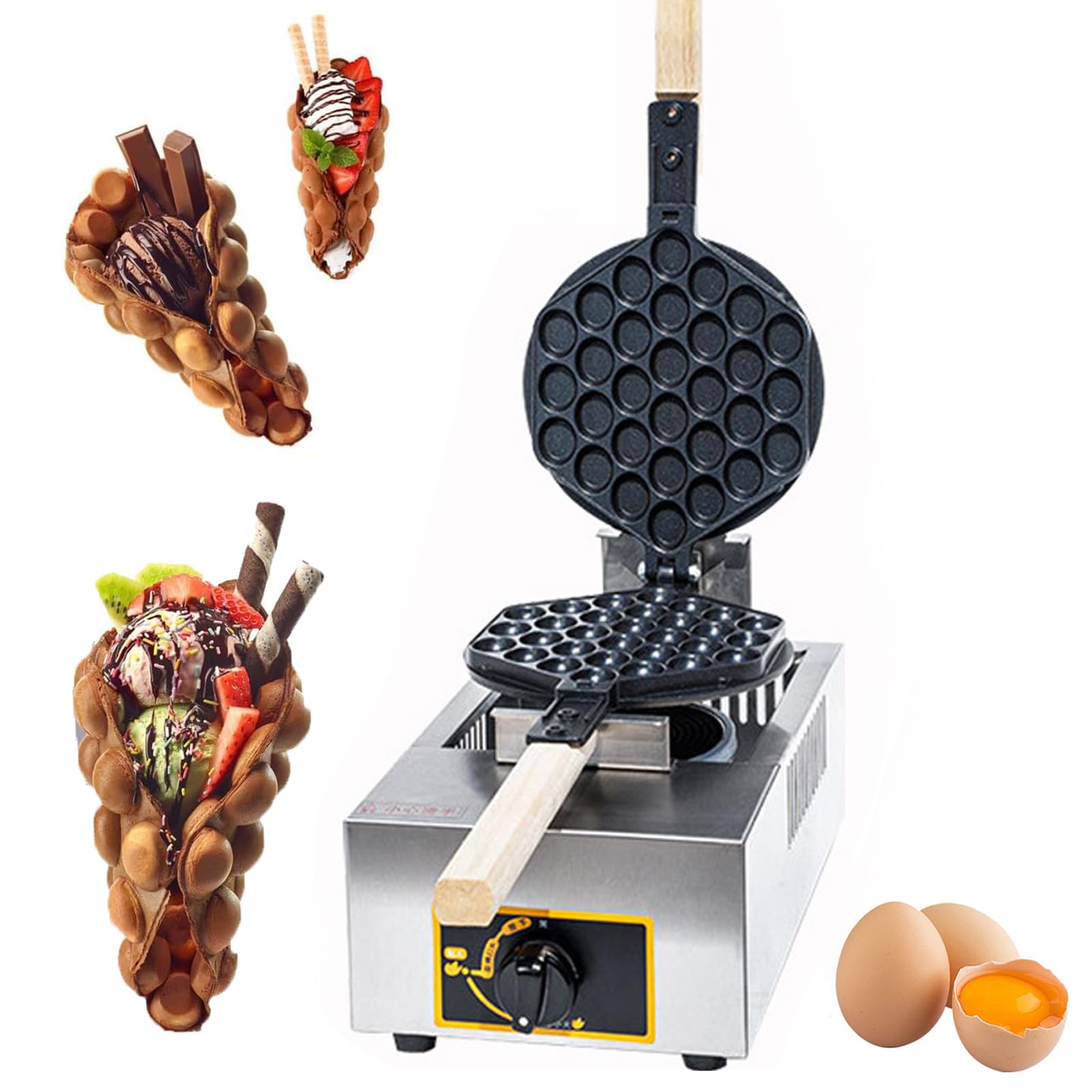 Máquina para hacer conos de gofre, calentamiento rápido de doble cara, revestimiento antiadherente, mango de madera resistente al calor, uso comercial
