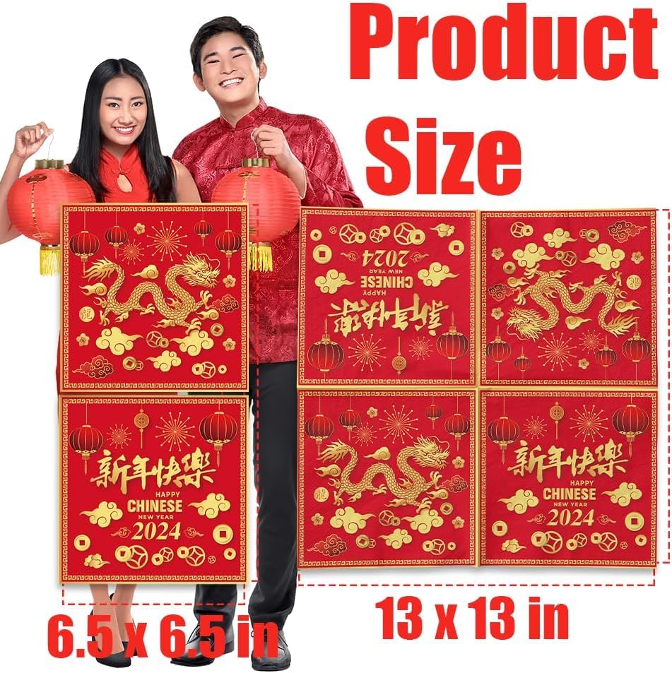 jetables pour le Nouvel An chinois - Année du dragon Fu - Assiettes en carton - Assiettes à dessert pour fête de printemps chinois (Fu, 97