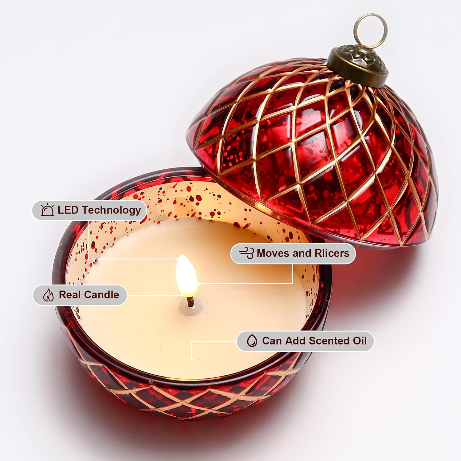 Birthday Glass Flameless LED Candles Wedding Decorative Light Birthday Gift for Her,Battery Operated Flickering Electric LED Ball Candles,Jar Candle for Home Party with Glass Cover Gifts for Wife(Red)