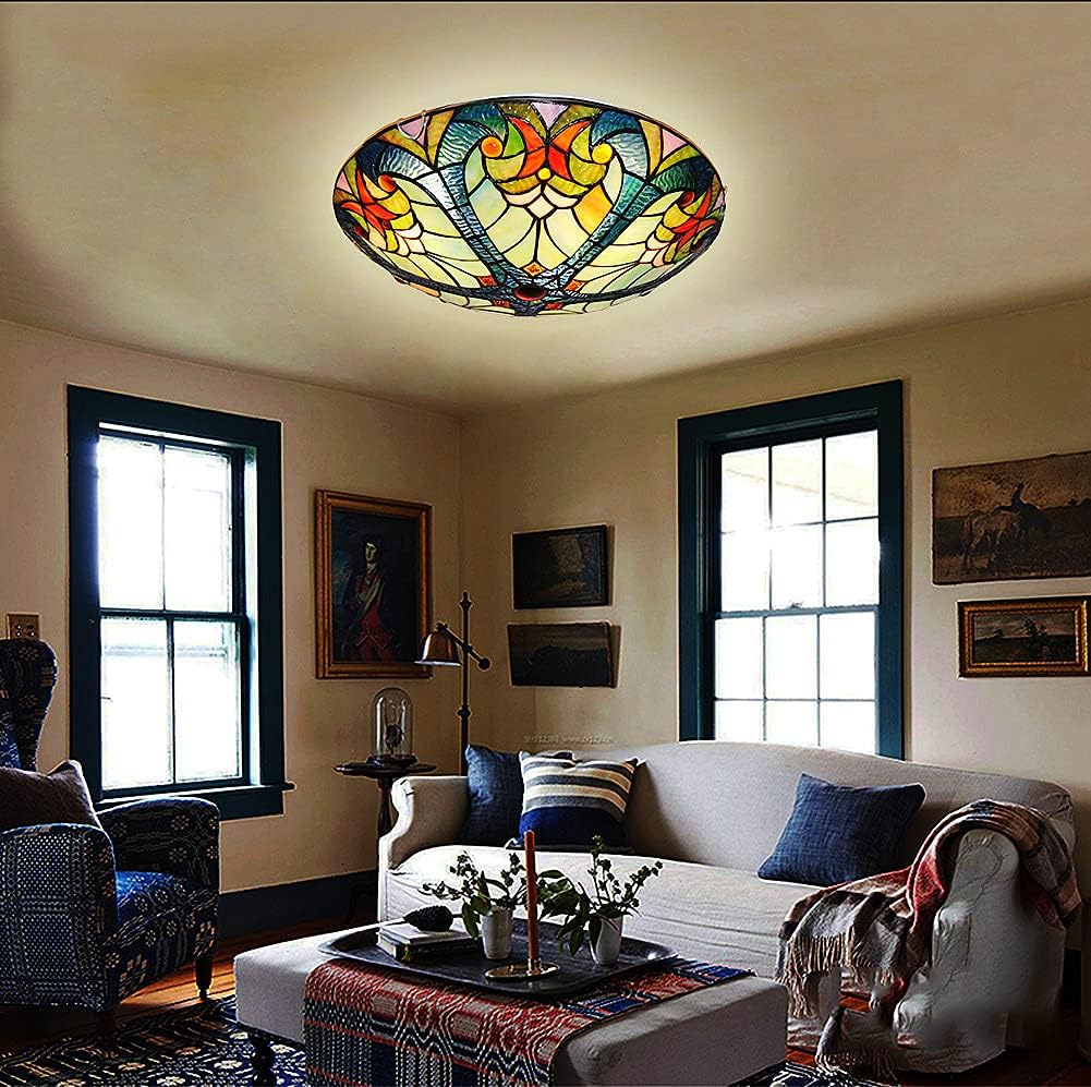 Vintage Retro Flush Mount Ceiling Light, Vintage Retro Light Fixture, Colorful Chandelier with Stained Glass Amber Lampshade for Bedroom Hallway Entryway Kitchen(16 Inch)