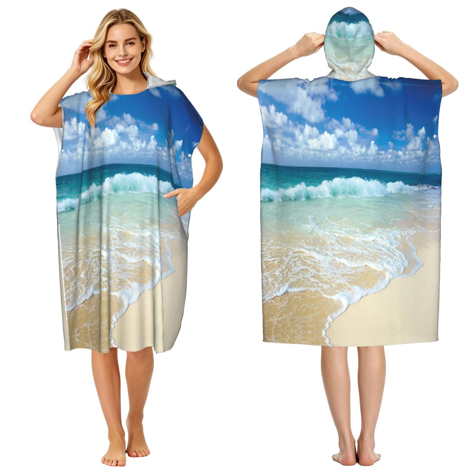EZDLOWVBA Beach Print Hooded Poncho Microfiber Beach Towel,Adult Women & Men Changing Robe,Lightweight Summer Surf Swim Bath Poncho Towel