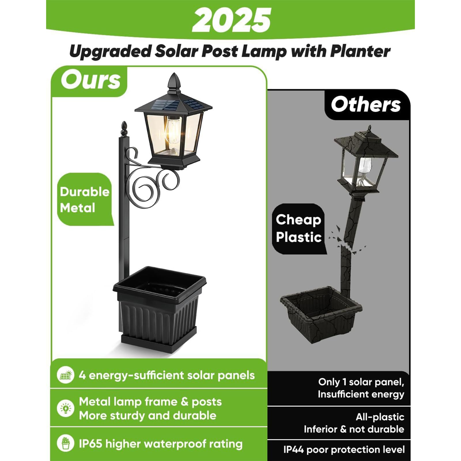 Macetas de flores para exterior 2 en 1 con lámpara solar, lámpara de poste solar con jardineras independientes, lámpara solar decorativa impermeable IP65 para terraza, hall frontal, decoración de