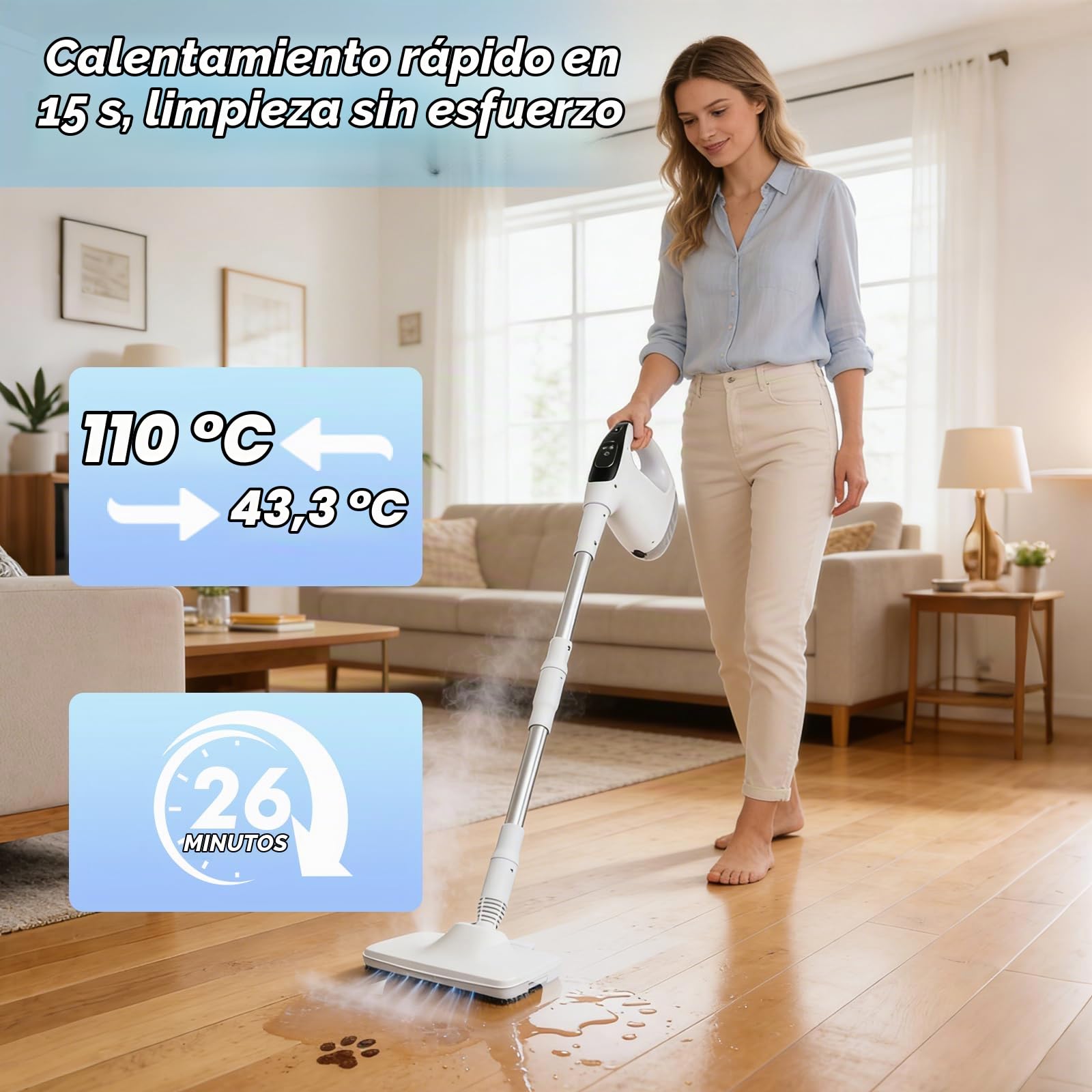 Maquina de Limpieza a Vapor Multifuncional, 1200W 2 en 1 Mopa de Vapor & Vaporeta de Mano Steam Cleaner Portátil,Calentamiento Rápido en 15s, para Suelos Alfombras Azulejos Baño Cocina