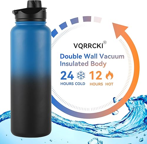 Miniatura 9 de VQRRCKI Botella de agua aislada de 32 onzas con tapa de popote y tapas de boca ancha, botellas de agua deportivas de acero inoxidable, vacío de