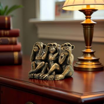 3 Wise Monkeys Statue - Hear No Evil, See No Evil, Speak No Evil Resin Figurine with Antique Bronze Finish - Office Desk Decor, Home Accents & Men's Gifts (7.49 cm Compact Design)