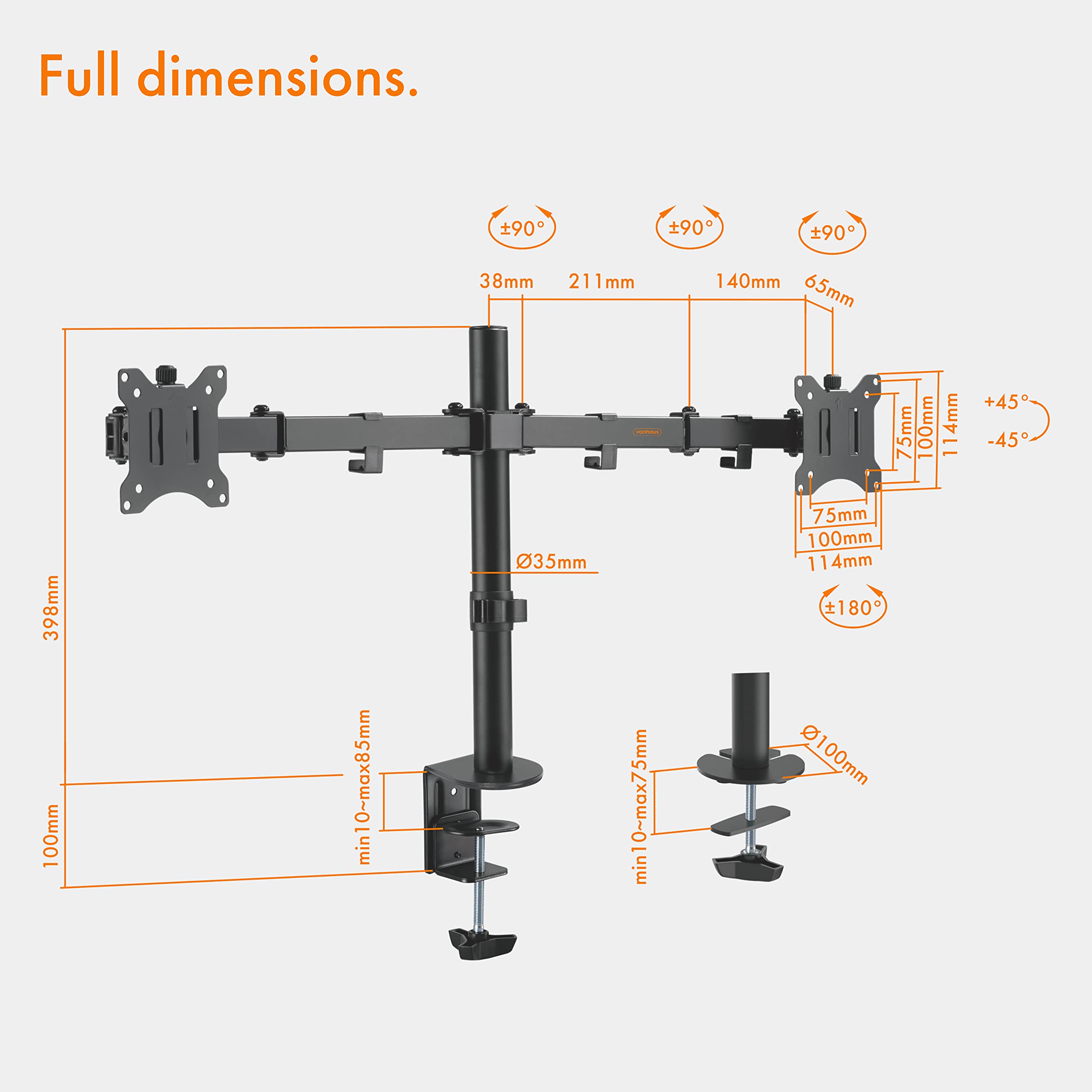 VonHaus Dual Monitor Arm for 13 to 32 Inch Screens Dual Monitor Mount