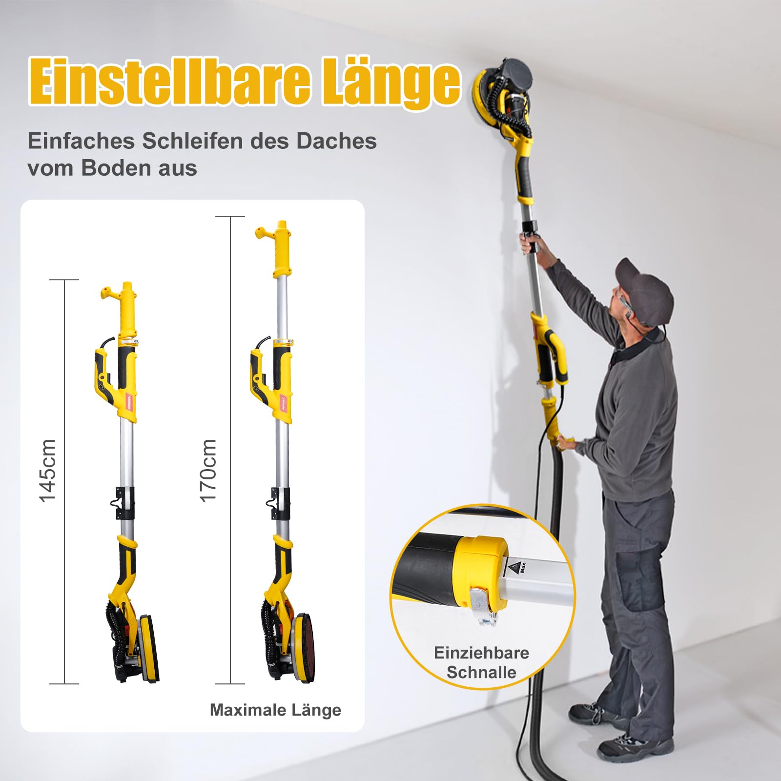 HYCHIKA Trockenbauschleifer, Wandschleifer, 750W Wand Schleifer mit Absaugung, Ausziehbarer Faltbarem Griff, Schleifgiraffe mit 6 Gänge schalten und LED-Licht Schleifteller Ø 214mm