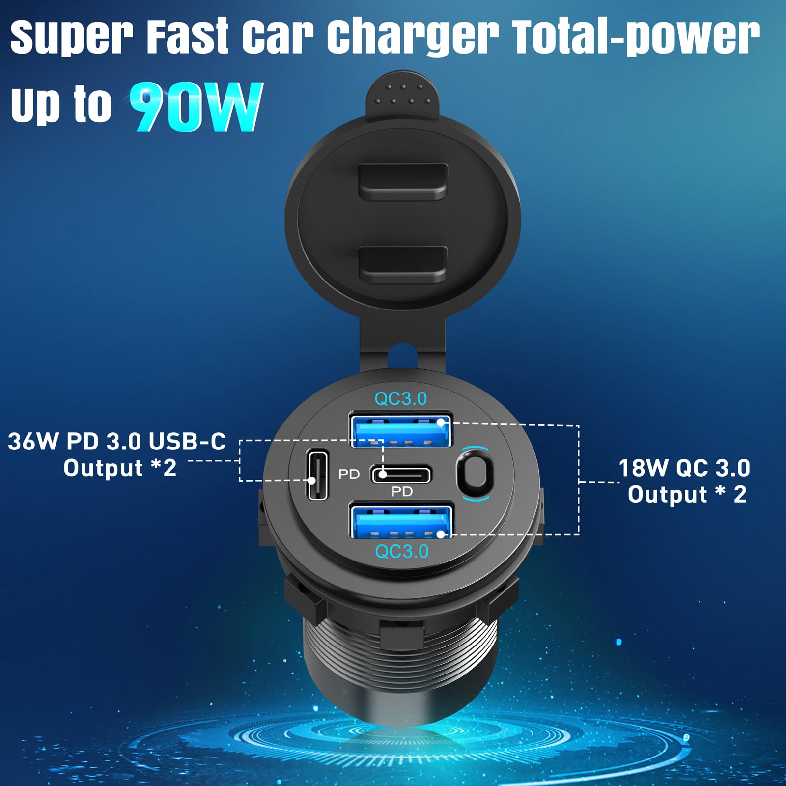 2PACK 90W Dual PD & Dual Quick Charge 3.0 Qidoe USB C 12V Outlet,4 Port with Power Switch, Car Charger Socket for RV Boat Marine Truck Motorcycle