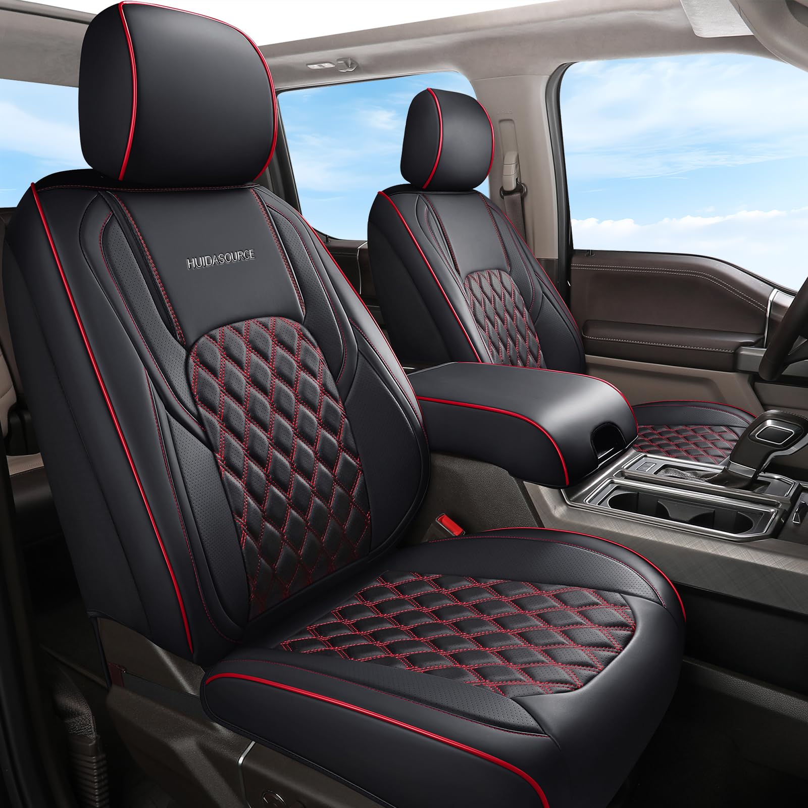 Huidasource Dodge Ram Sitzbezüge, Leder-Sitzbezug für vorne und hinten, passend für 2009–2018 1500, 2010–2023 2500/3500 Quad Crew Mega Cab, 2019–2023 RAM 1500 Classic (komplettes Set/Schwarz und Rot)