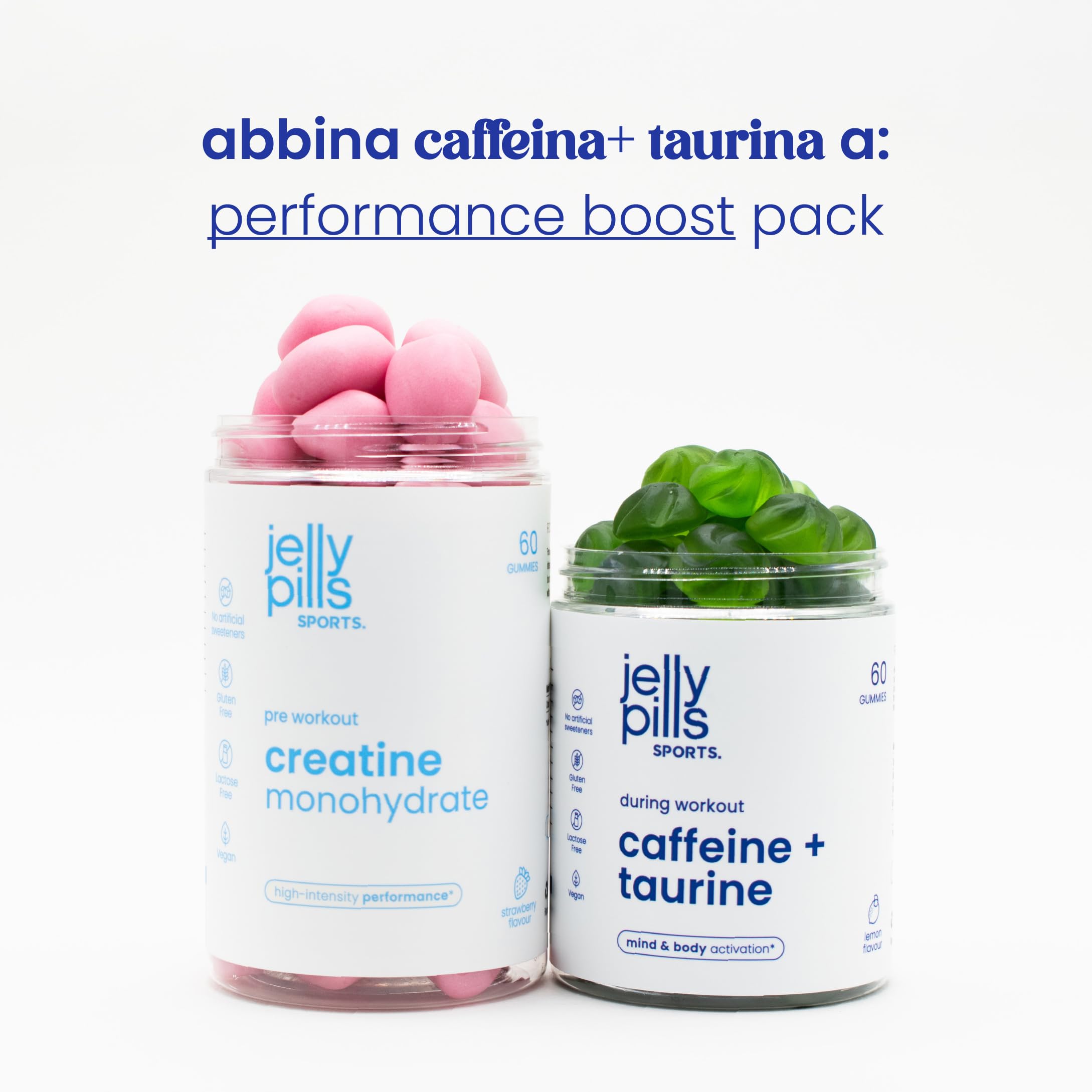Gummies Caffeina con Taurina e Guaranà - Energia e Focus Mentale - 60 Gummies Vegane - Senza Zuccheri Aggiunti - Gusto Limone Naturale - Performance Sportiva - Jelly Pills Sports - per 1 mese