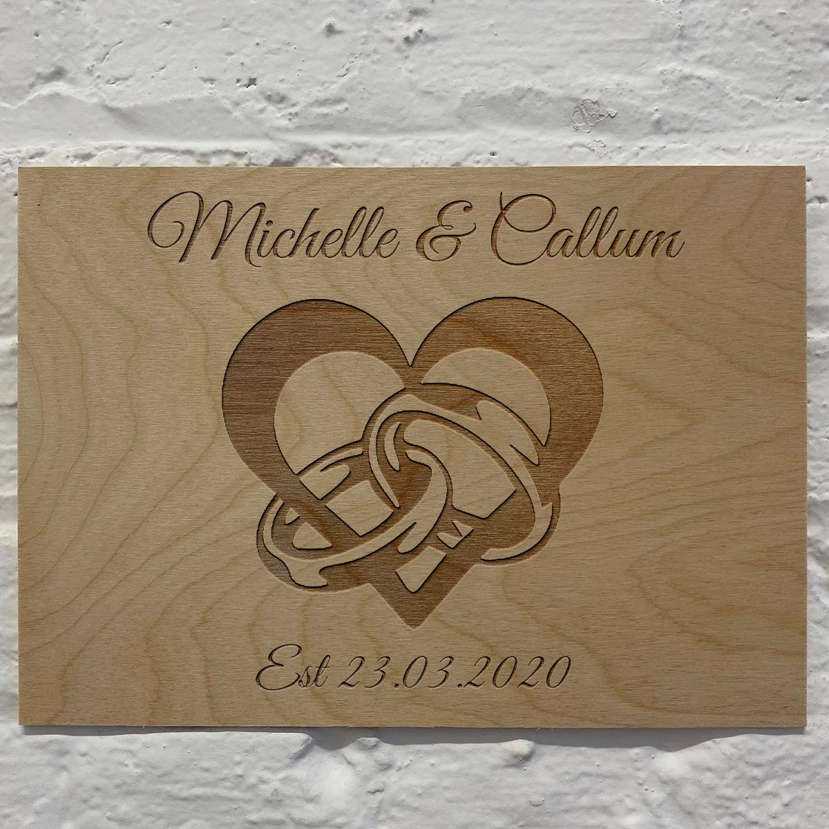 Cutncraft Designs Personalised Wooden Plaque with Inter Locked Wedding Rings and Heart Add Any Name 42x30cm (16.5"x11.7")