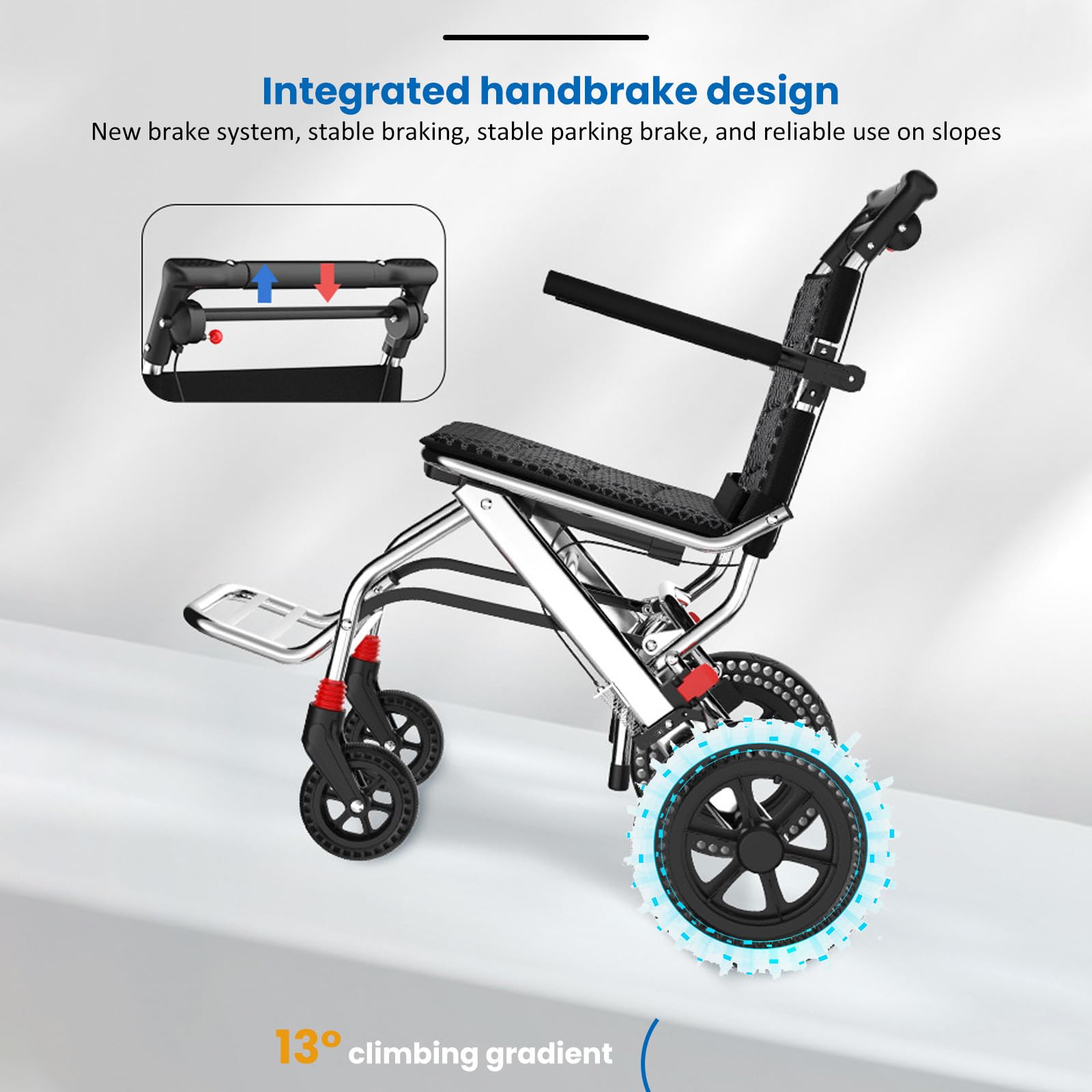Silla de ruedas,Silla de ruedas plegable ligera silla de ruedas portátil con freno de mano,Silla de ruedas plegable y ligera para adultos,Silla de ruedas de aluminio para adultos y mayores
