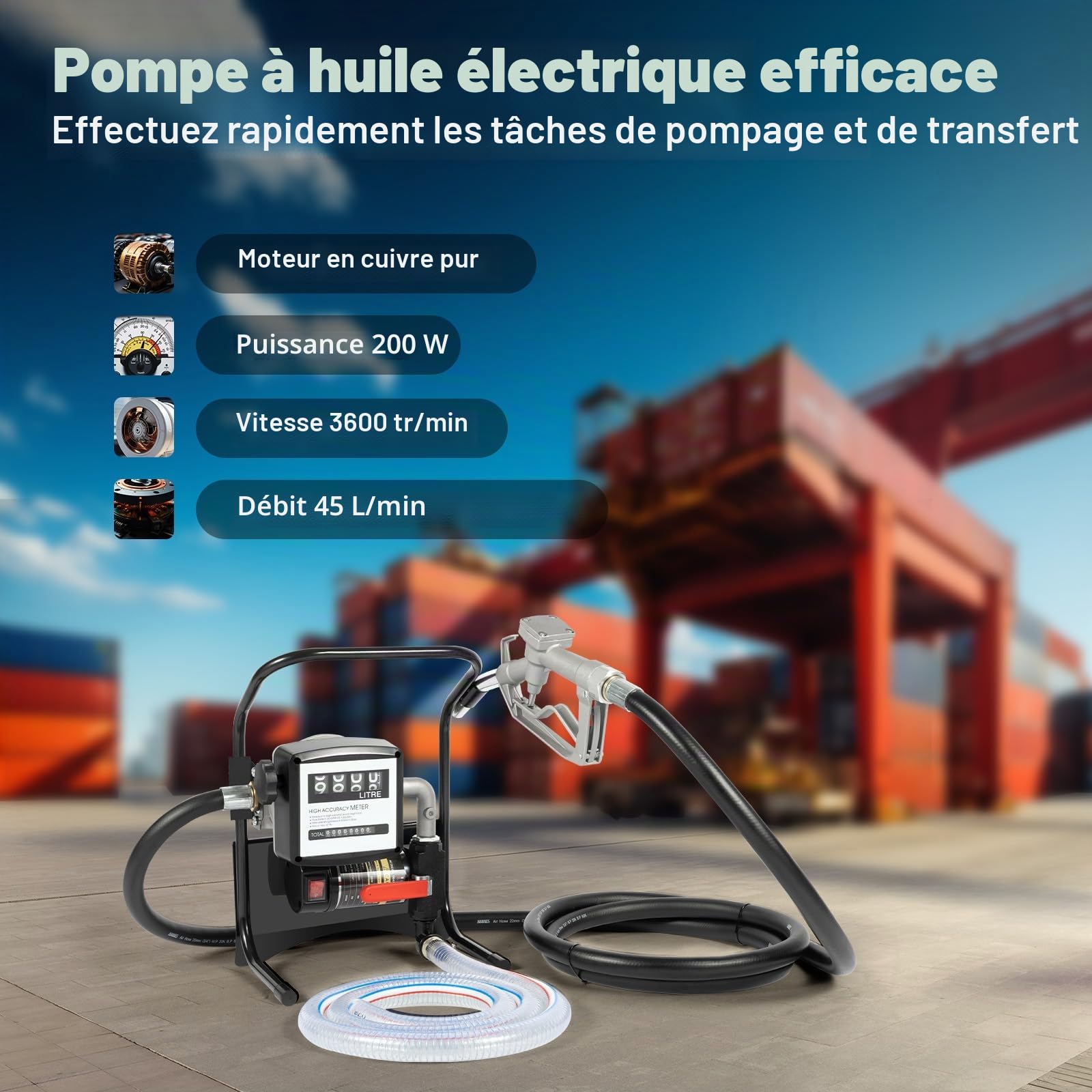 Pompe a Gasoil Electrique 220V Pompe Carburant 200W 45L/min Pompe Fioul pour auto avec compteur Pistolet de distribution automatique
