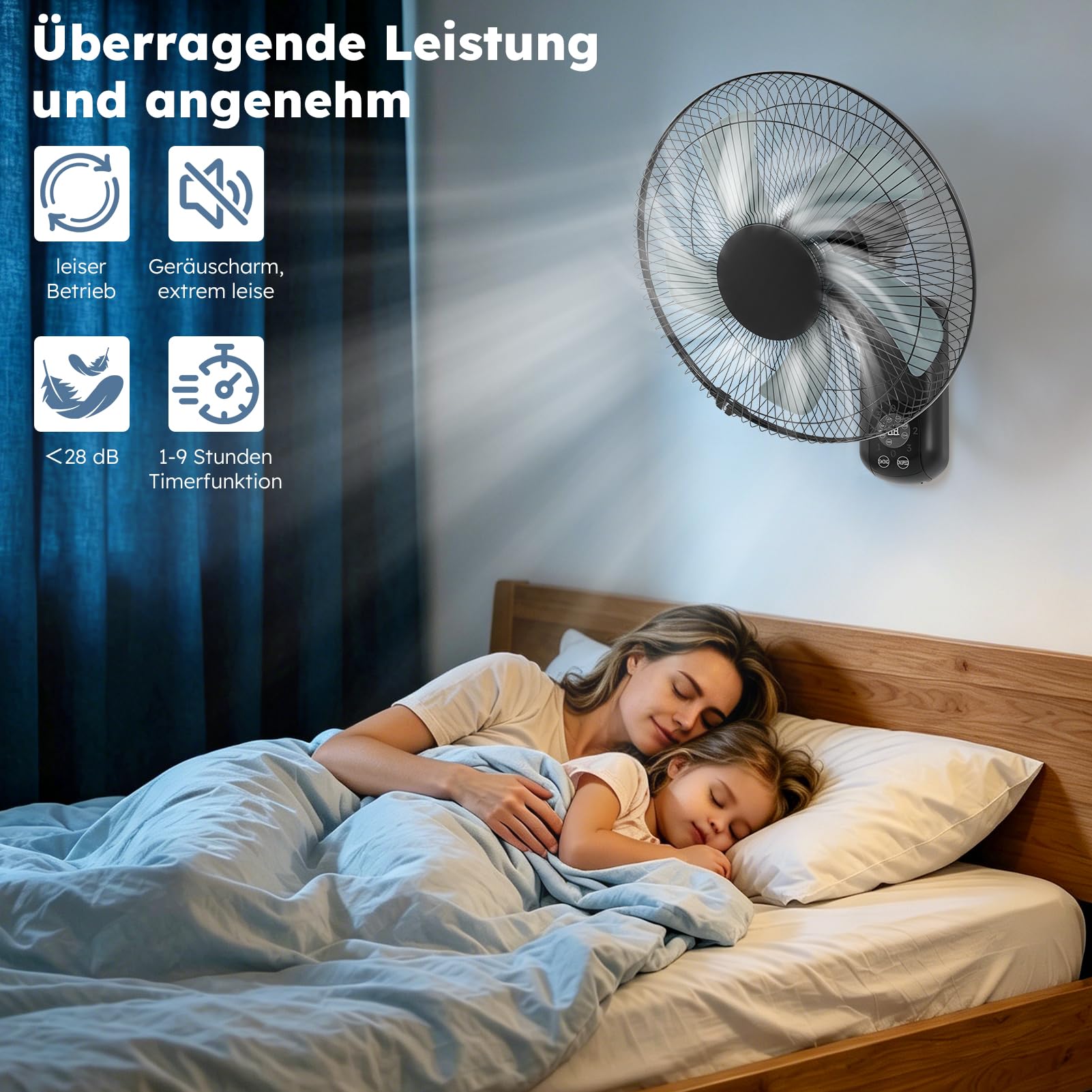 Ventilateur mural avec télécommande & minuterie (1-9h) – 5 pales ASA, 3 vitesses, oscillation 90° – silencieux (≤28dB), montage mural, idéal pour chambre, terrasse & extérieur – Noir.