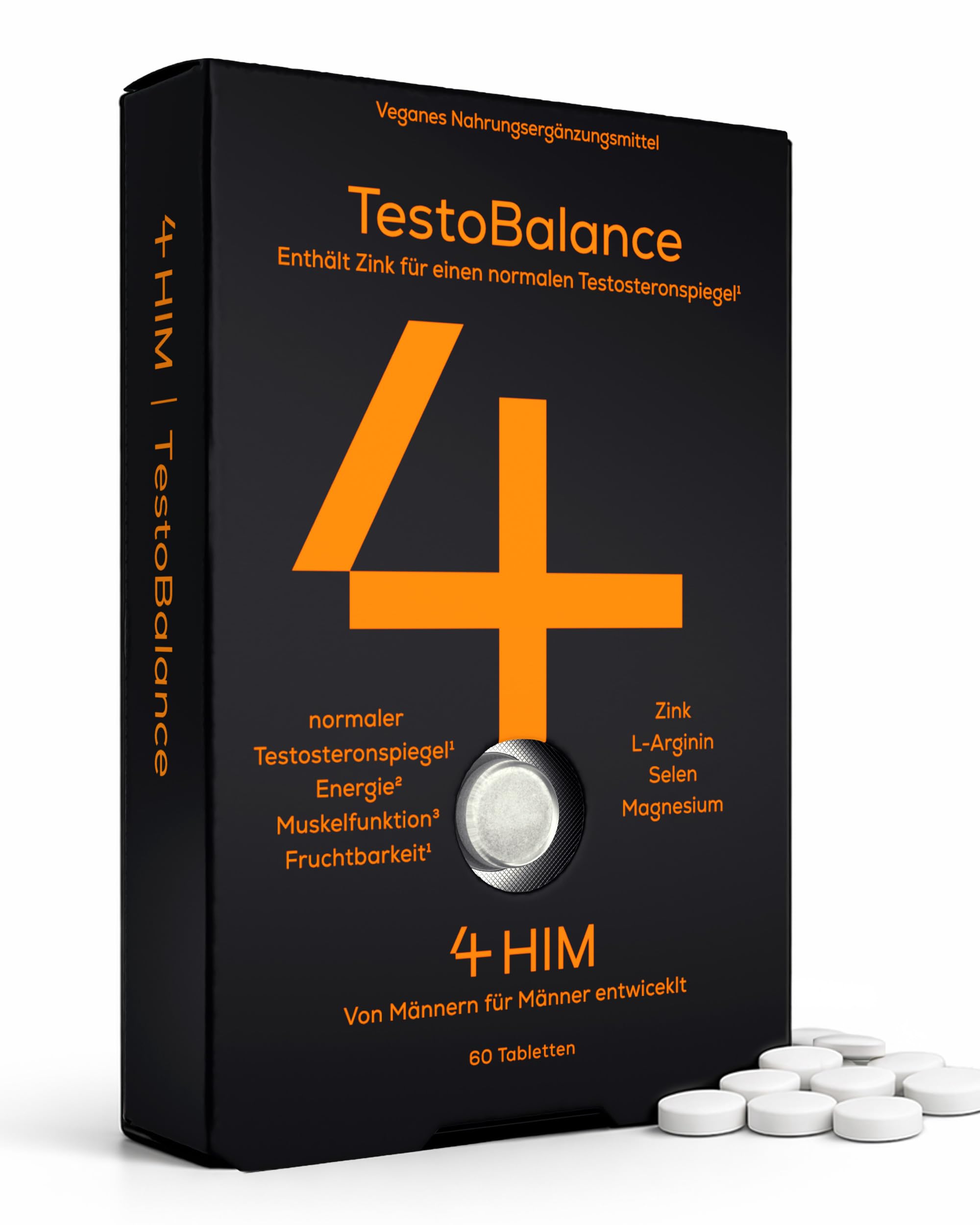4 HIM TestoBalance Hochdosiert für Männer – ZMA, Ginseng & Bockshornklee – Zink für Testosteronspiegel – Magnesium, B6, L-Arginin & Selen – 60 Vegane Tabletten – GMP-Zertifiziert