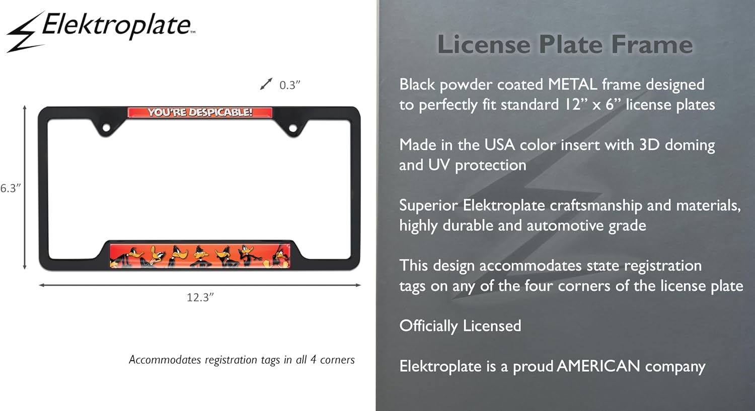 Elektroplate Officially Licensed – Looney Tunes Daffy Duck Black You're Dispicable Metal Open Corner License Plate Frame Tag Holder for Cars/SUVs/Trucks Weather-Proof Automotive Accessory
